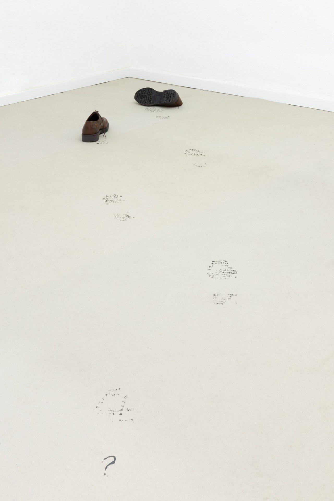 Francesco De Bernardi , installation view, “Stroll”, Four pairs of shoes, wood, black paint, 2022