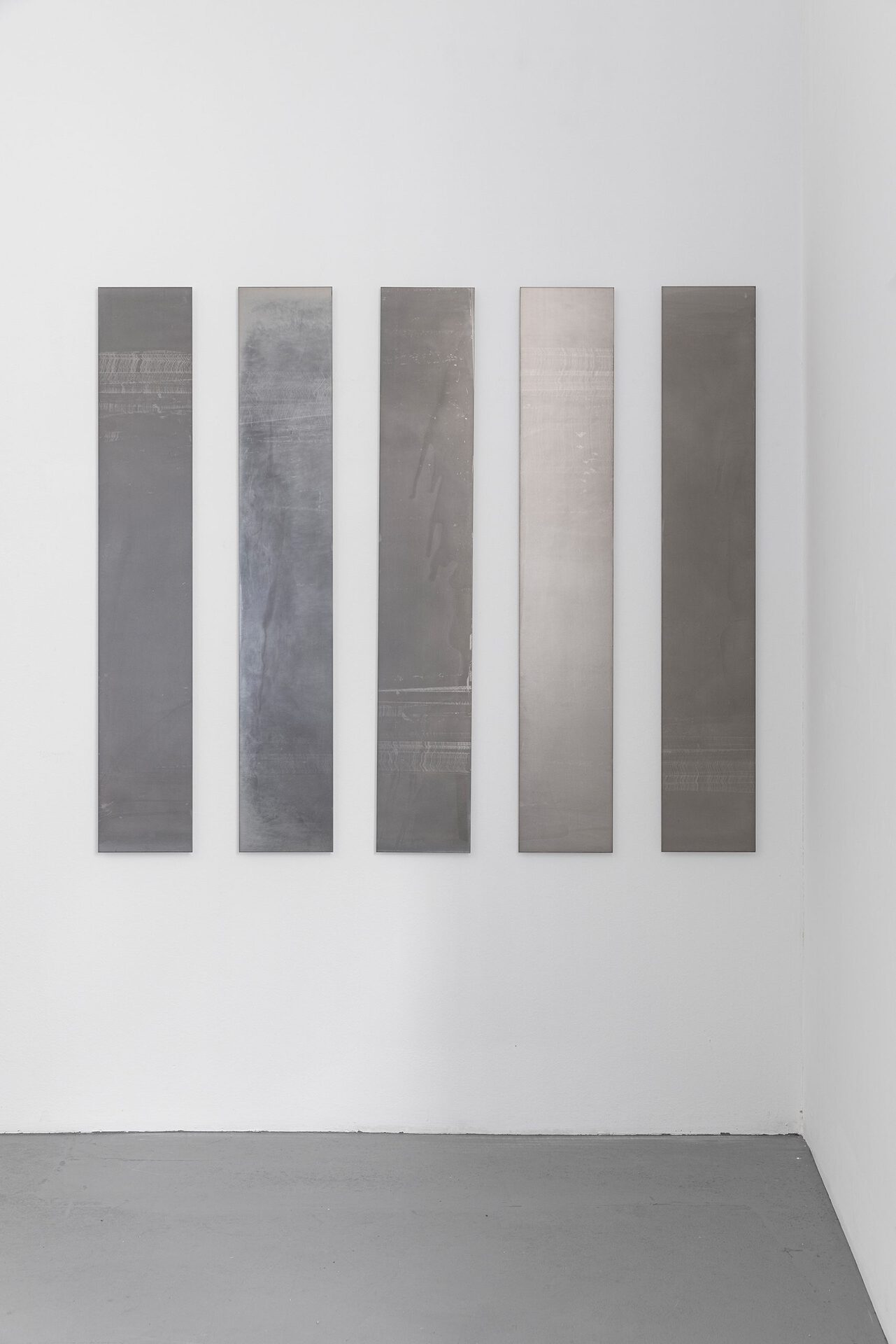 Liz Deschenes, FPS (30) - 10 in. x 5 panels, #2, 2018, Silver gelatin photograms mounted on dibond, 5 parts each: 152.4 x 25.4 x 1.9 cm