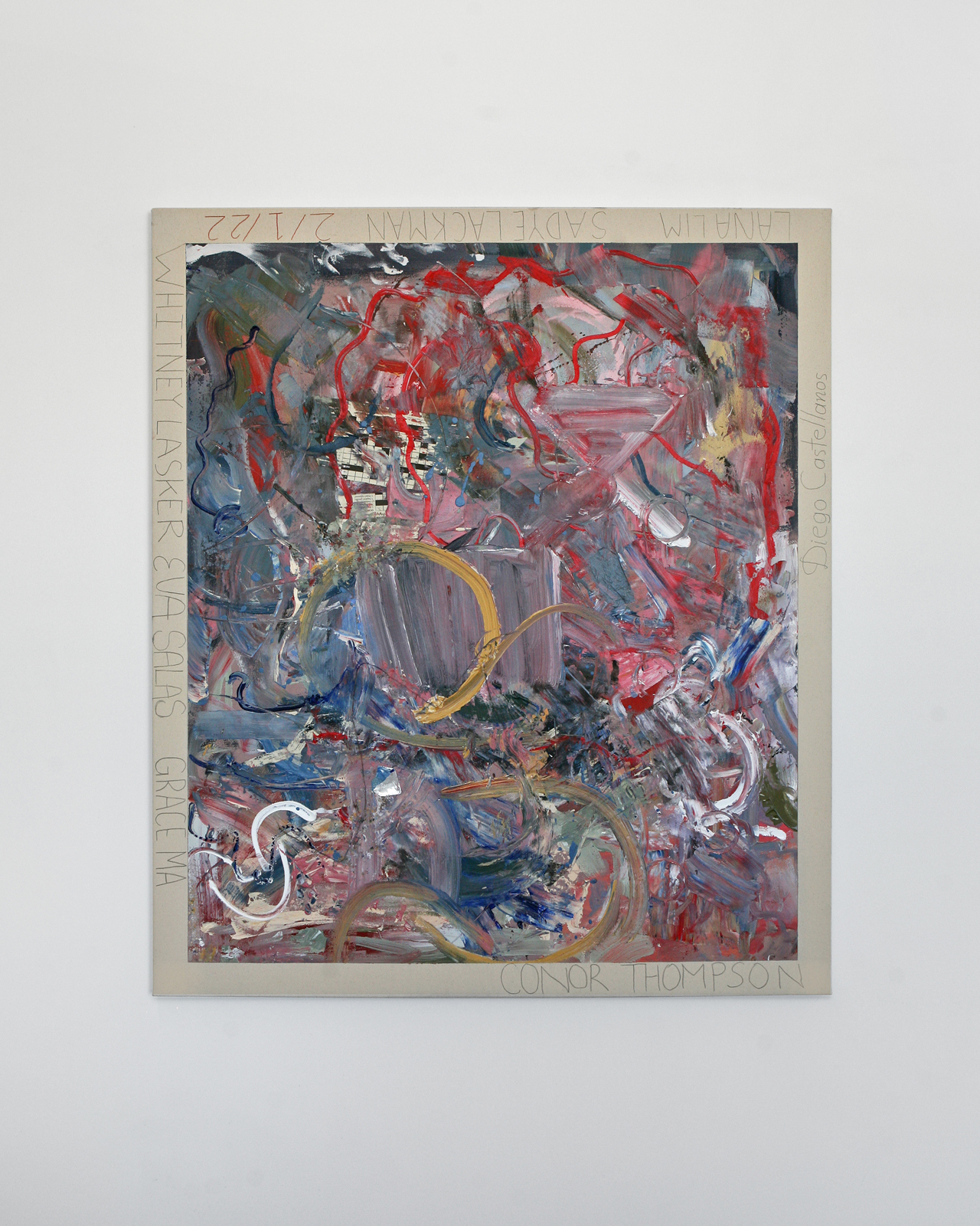 Conor Thompson, 2/1/22 (made in collaboration with Whitney Lasker, Diego Castellanos, Sadye Lackman, Grace Ma, and Lana Lim), 2022, Acrylic and mixed media on canvas on panel