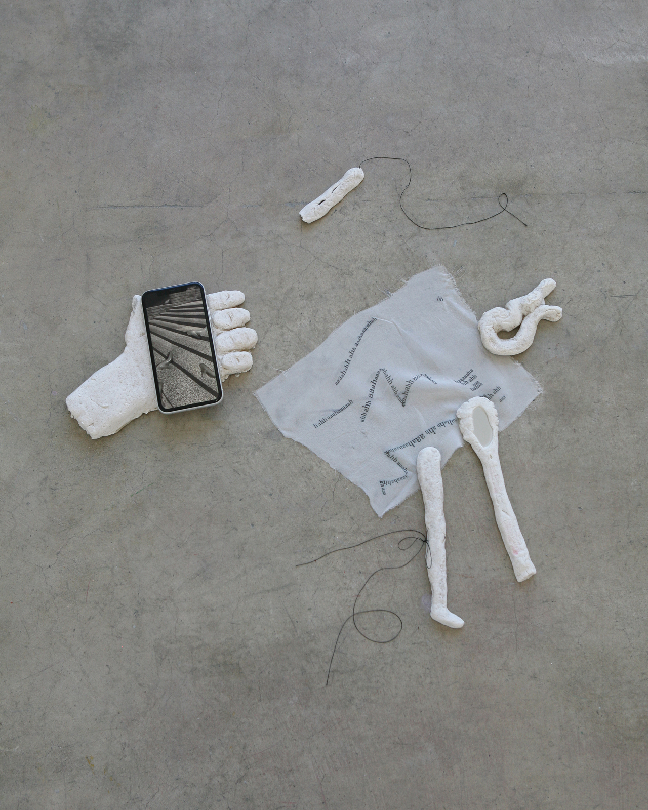 Yelena Zhelezov, The silent extras melt; it’s a thriller, 2022 flour, water, salt, mirror, iphone, thread, video