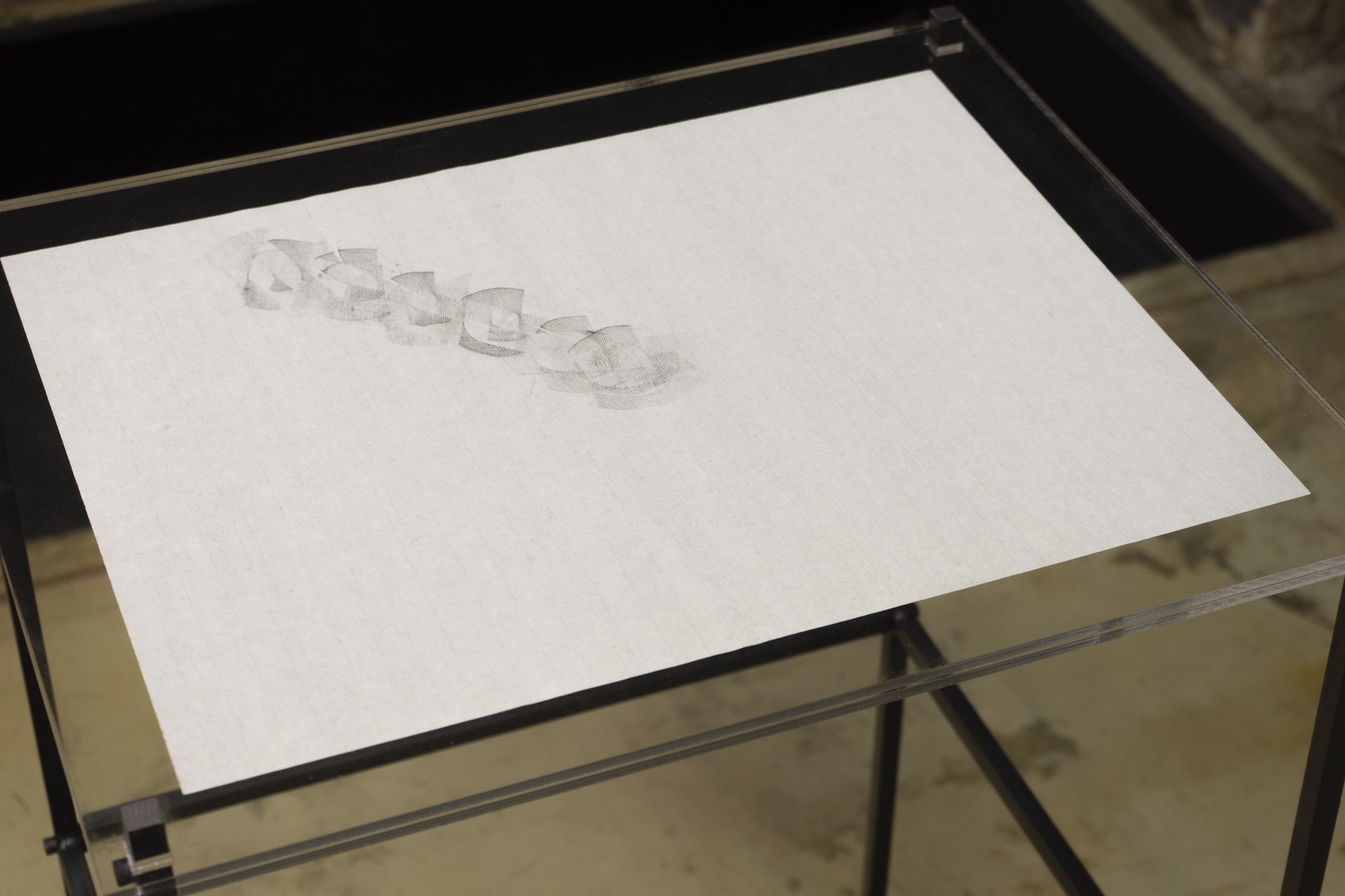 Al Svoboda „Untitled drawing for vitrine I“ 2021-22 graphite on rice paper, steel, plexiglass 34,9 x 45,7 cm