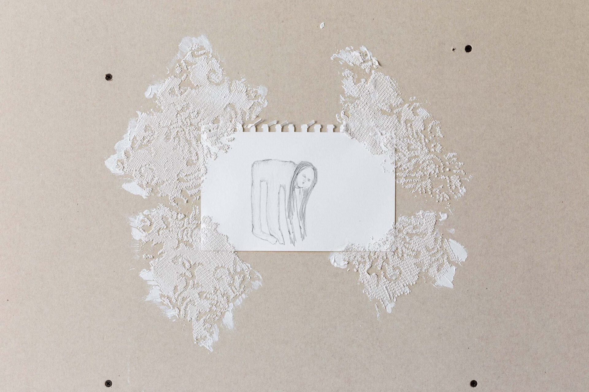 Combgirl, 2022 pencil on paper (lace plaster imprint)