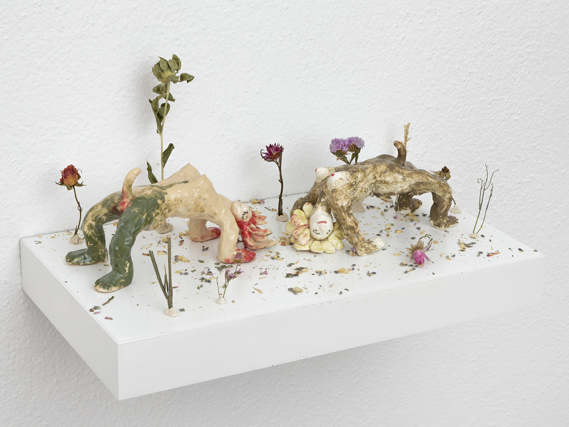 Vasilisa Palianina, Flora and Faina, 2021 From the Faces of the Forest series, Clay, glaze, engobe 10.5 x 19.5 x 8 cm