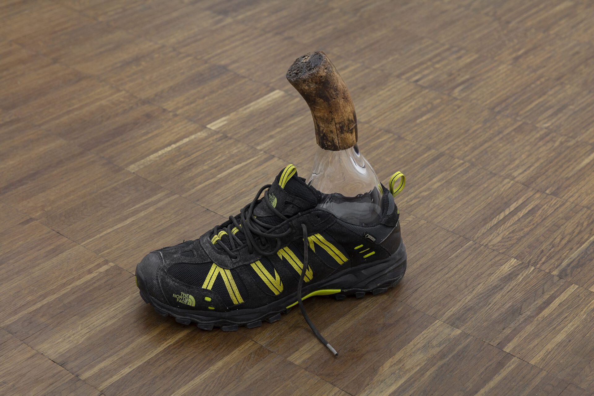 Olof Marsja, Gore Foot II, 2022 (Glass, shoe, wood, copper, PL glue, 31 x 27 x 10 cm).