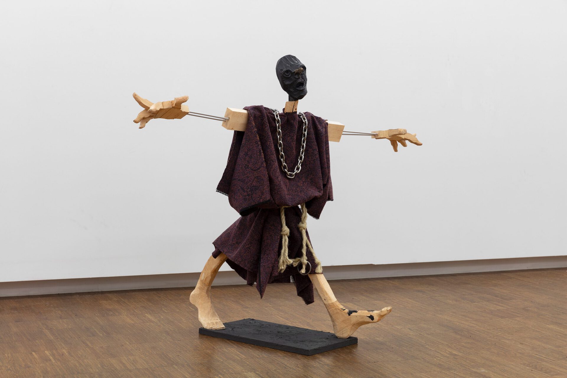 Olof Marsja, The Bearer of III Tidings, 2022 (Bronze, aluminium, steel, chamotte, wood glue, graphite powder, rope, stainless steel, PL glue, alder wood, mdf, fabric, 104 x 92 x 72 cm).