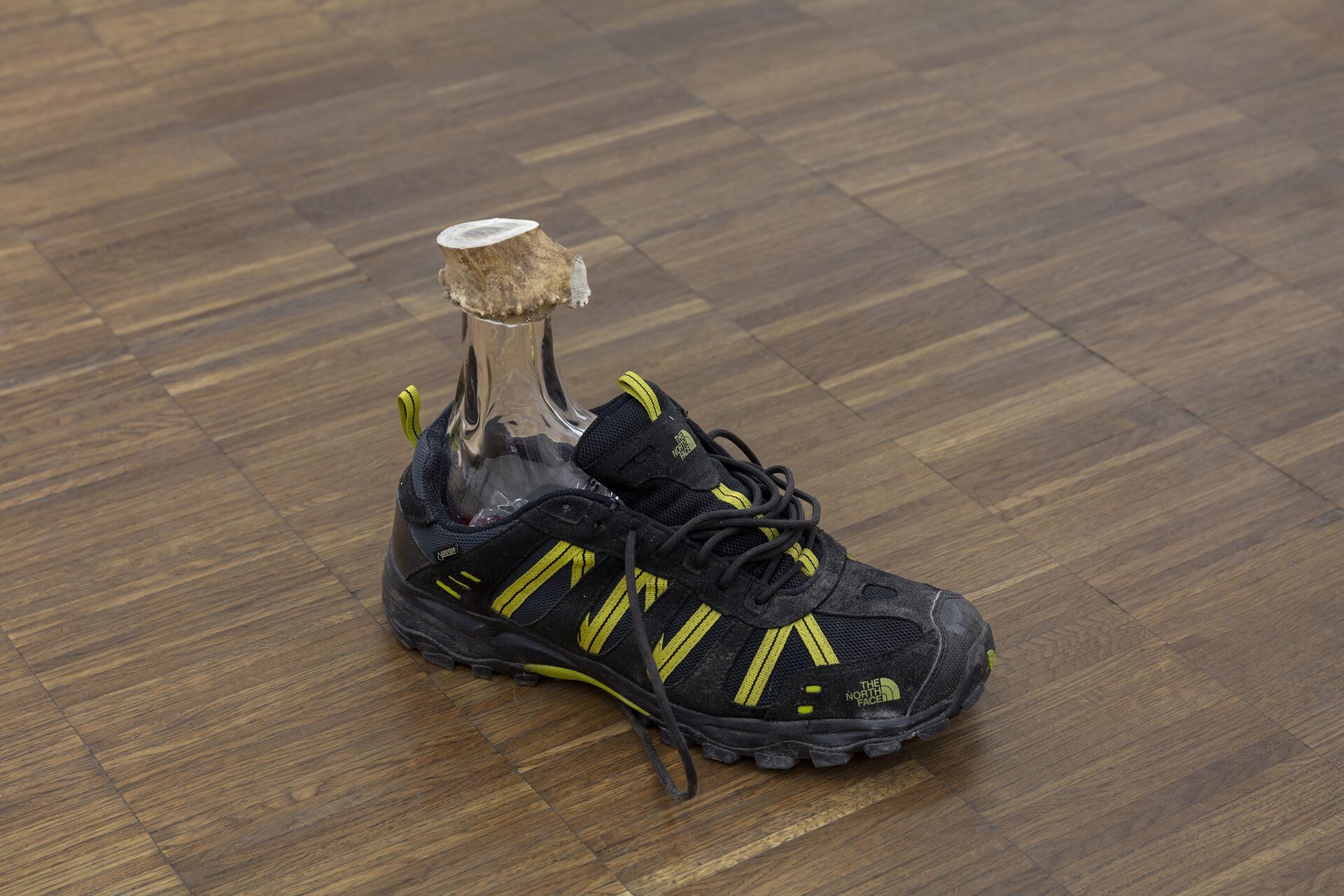 Olof Marsja, Gore Foot I, 2022 (Glass, shoe, reindeer antler, PL glue, 31 x 24 x 11 cm).