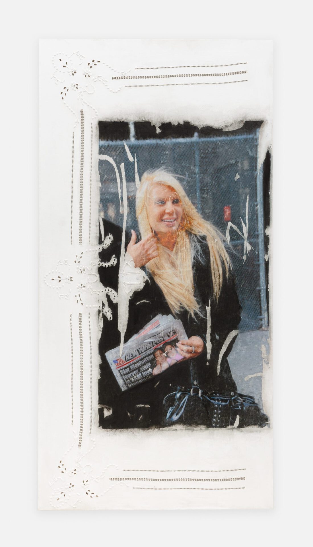 Valentina Vaccarella, Stones Girl 'Kristin Davis', 2022, Ink, Acrylic and gouache on antique French dowry linen (stretched), 203.2 x 101.6 x 3.8 cm.