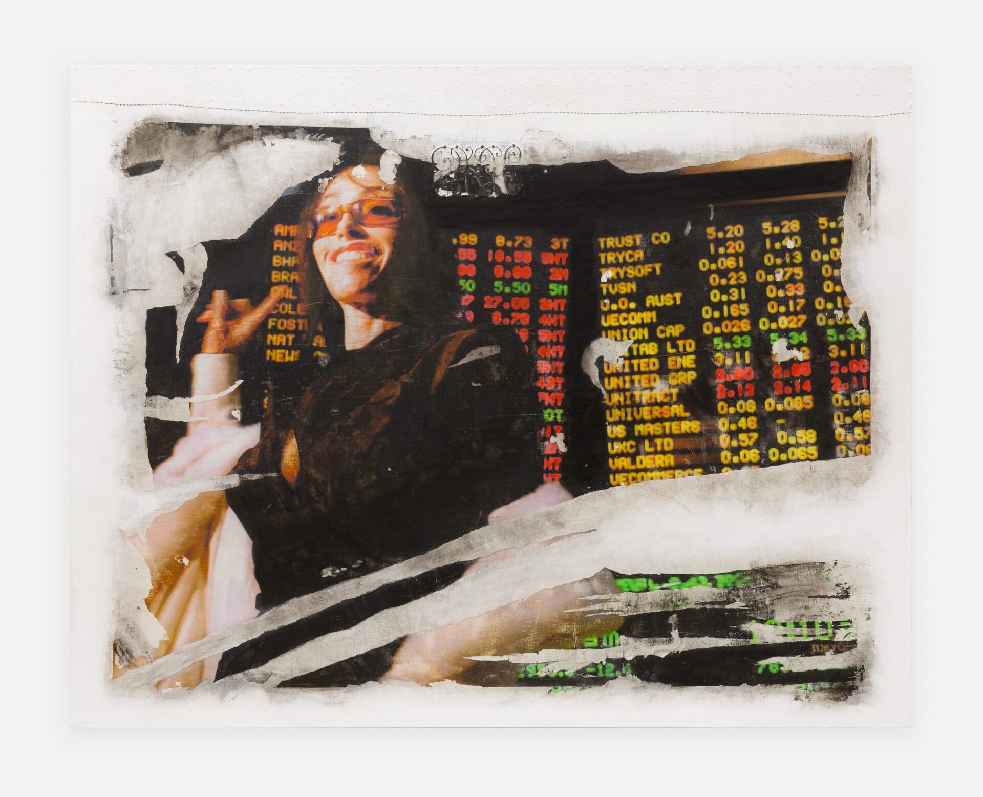Valentina Vaccarella, Risk Management, 2022, Ink, Acrylic and gouache on antique French dowry linen (stretched), 111.8 x 142.2 x 3.8 cm.