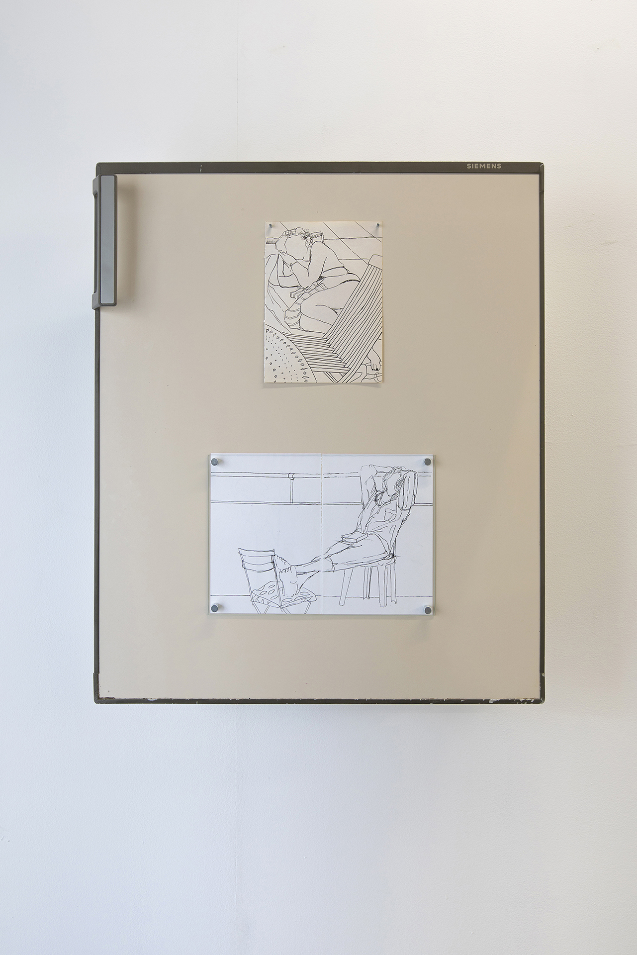 Fridge (Jade), 2020 , refrigerator door, feltpen on paper, magnets, glass , 59 × 71 × 13 cm
