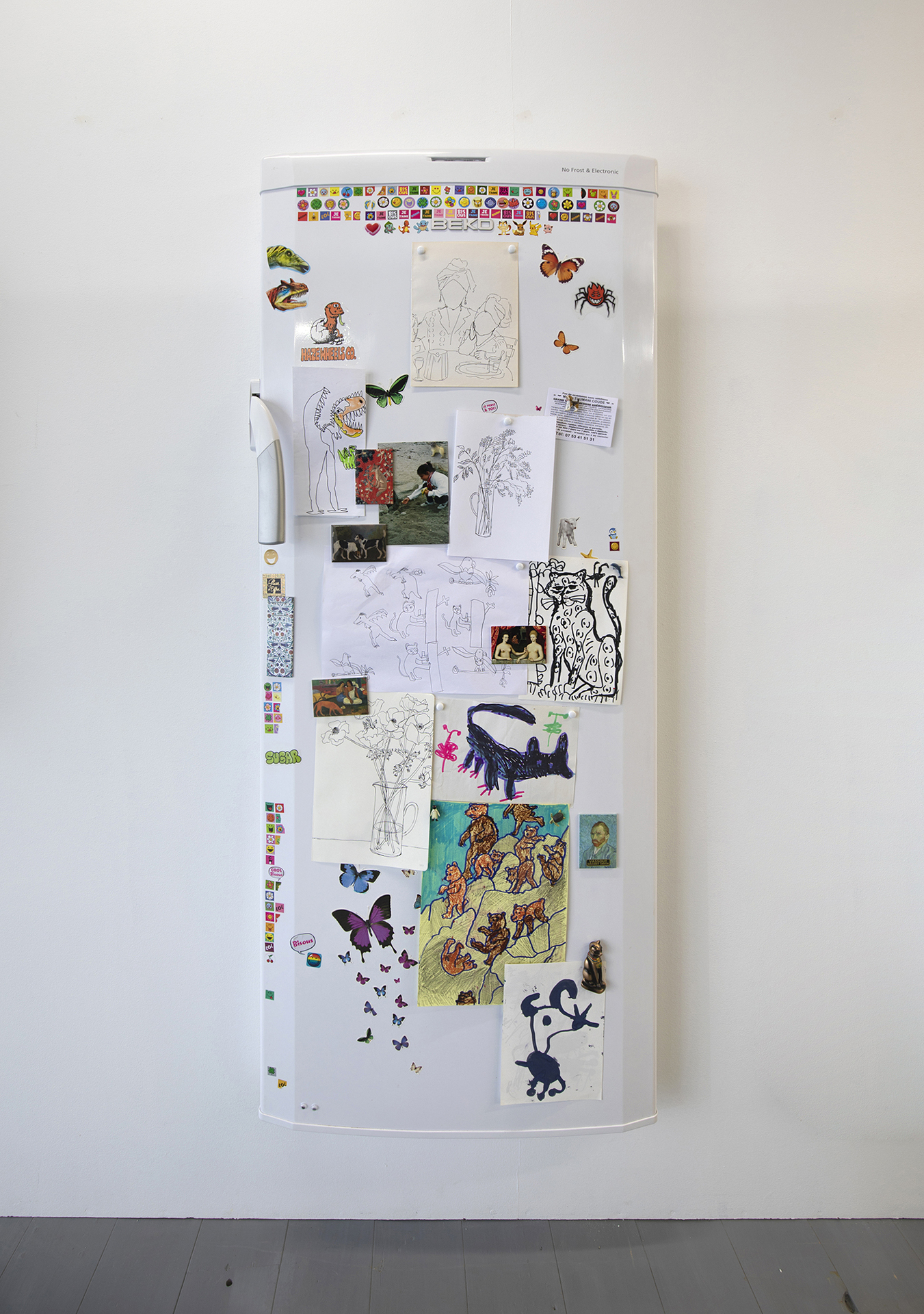 Fridge (Beko), 2022, refrigerator door, feltpen, pencil and pen on paper, stickers, photograph, magnets, 59×148×10 cm