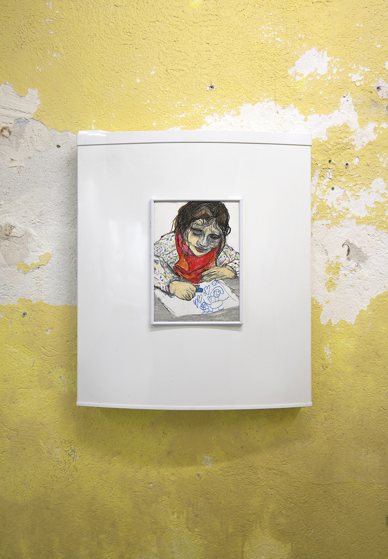 Fridge (Niki), 2022, refrigerator door, pastel on paper, magnets, frame, glass , 59 × 69 × 4 cm
