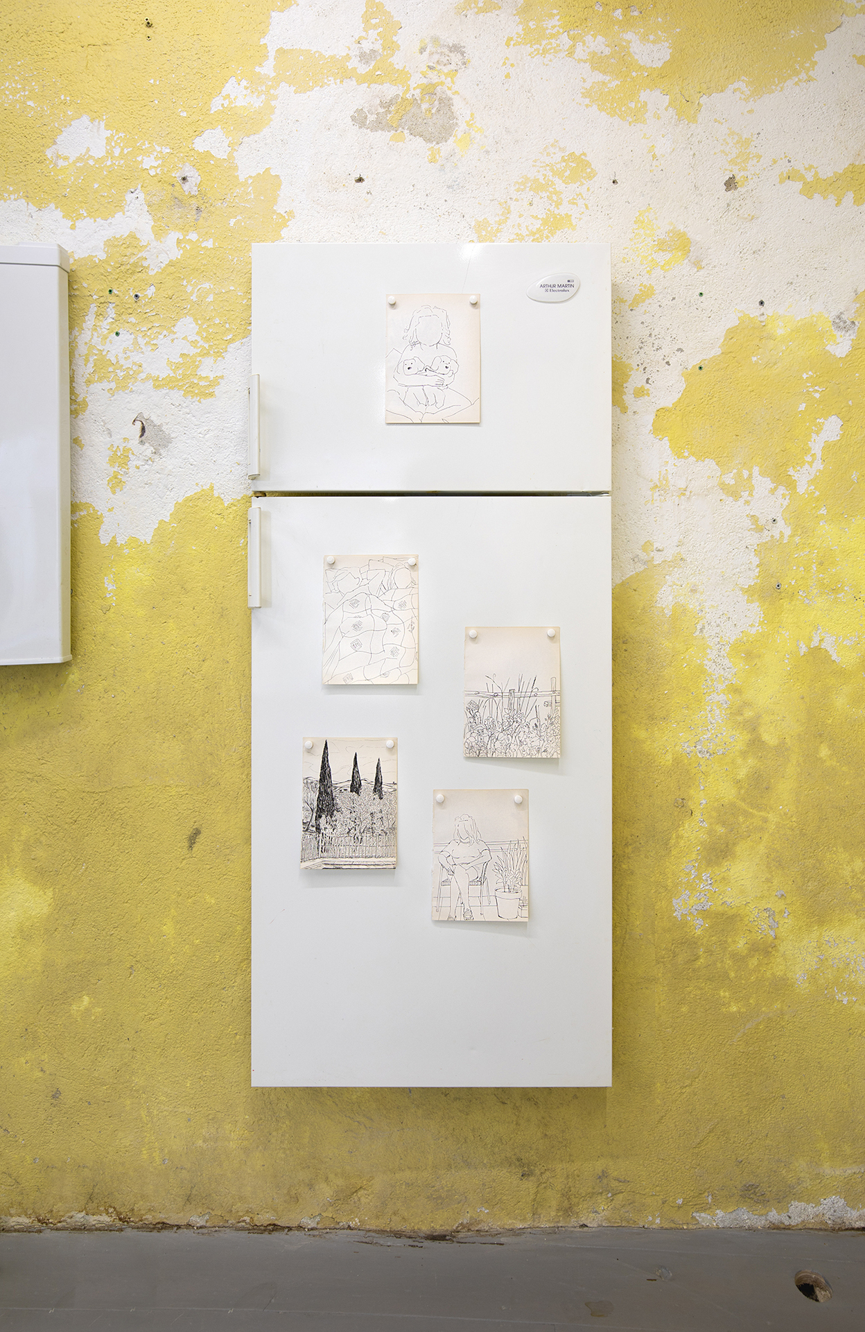 Fridge (Sketches), 2022, refrigerator door, feltpen on paper, magnets , 59 × 139 × 7 cm