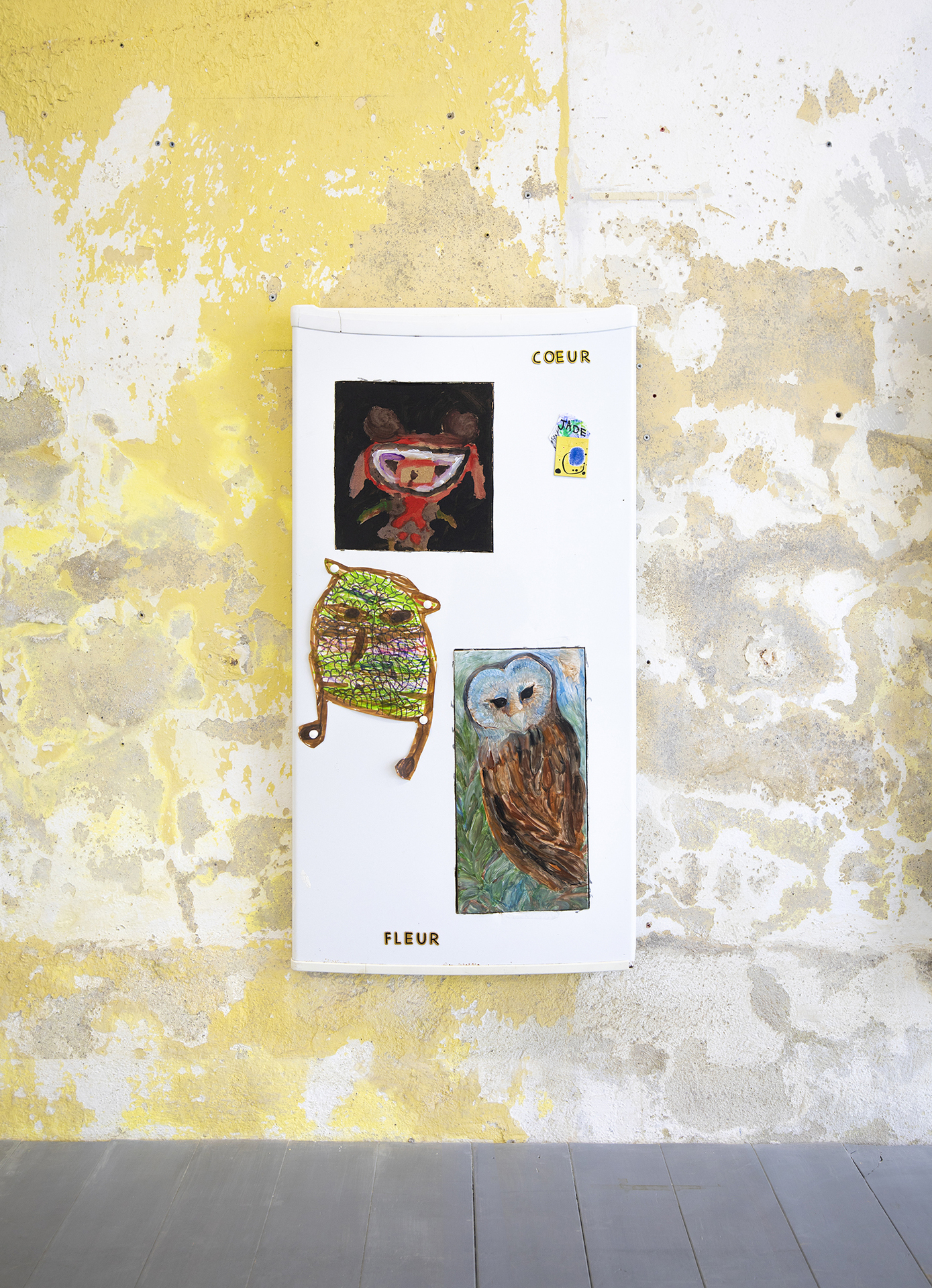Fridge (Coeur fleur), 2022, refrigerator door, gouache on wood, feltpen on paper, paint on ceramic tile, magnets , 54 × 102 × 6 cm