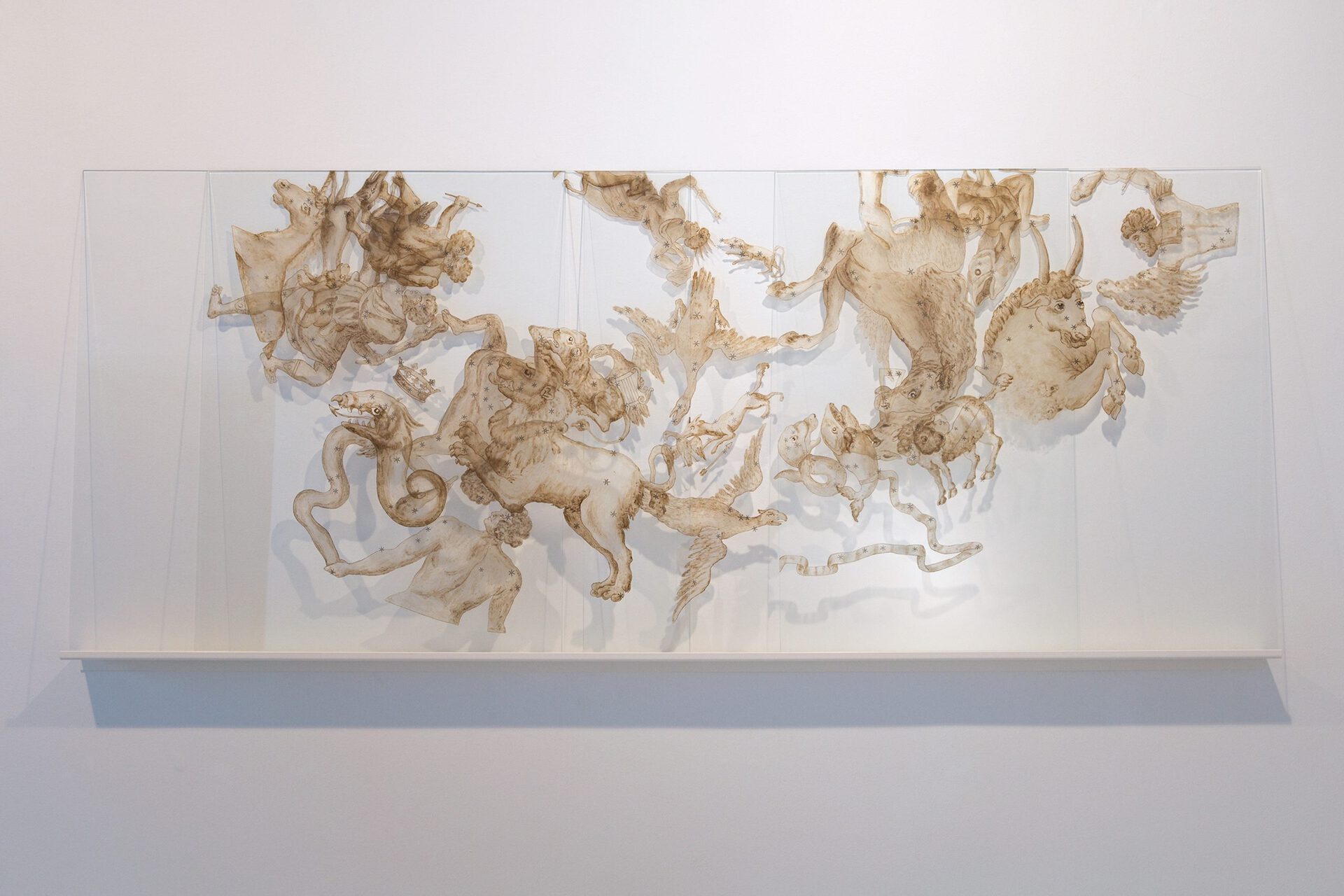 Elsa Salonen, We Are All Made of Stardust (Northern Hemisphere), stone and iron meteorite dust on glass, metal shelf 2017, 100x245 cm