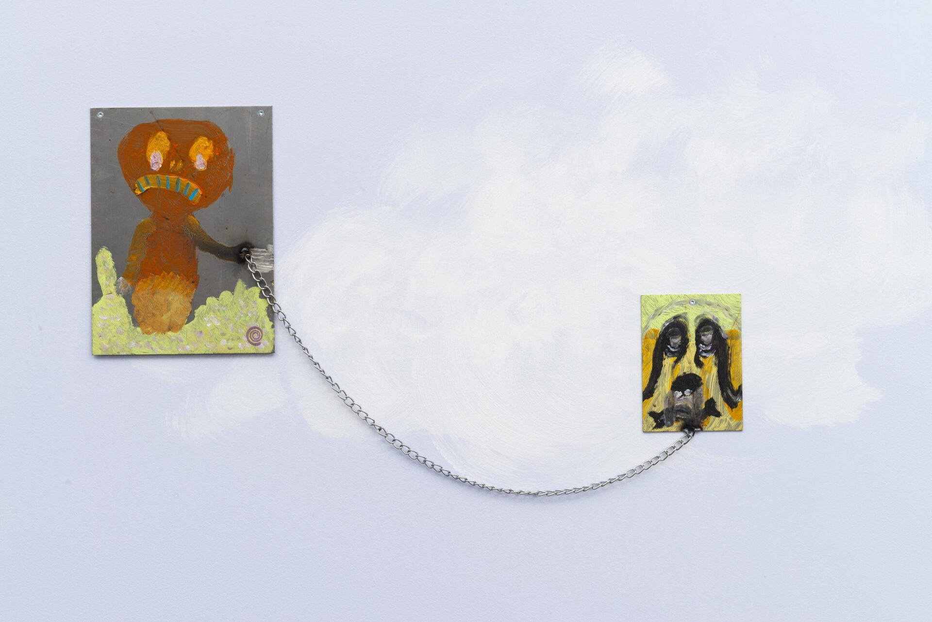 Victor Delétraz, Dog life style, 2022, Acrylic and oil on steel plates, metal chain, sticker, dimensions variable