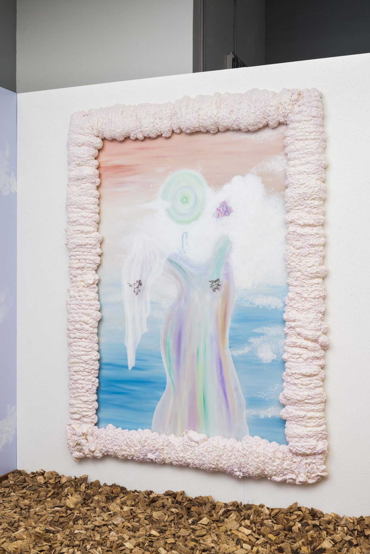 Annabelle Galland, Soleil vert (Pinterest is my new inspiration), 2021-2022, Acrylic on wood panel, expanding foam frame, flowers, 170 x 120 cm
