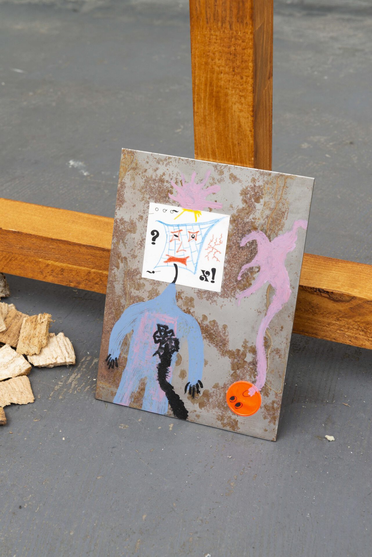 Victor Delétraz, Temps futur arlequin rouille lâcher prise, 2021-2022, Oil on metal plate, pencil on paper, sticker, 12.9 x 17.3 cm