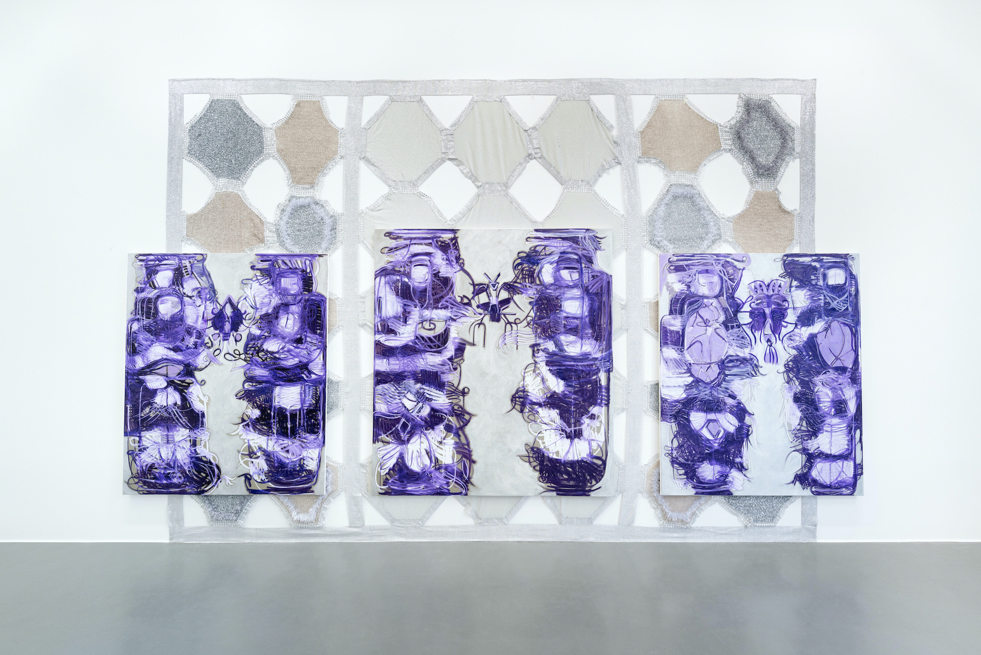 Melike Kara, blossom border, 2022, Fabric, crocheted, 380 x 495 cm; Melike Kara, ashik, 2022, oil sticks and acrylic on canvas, 180 x 150 cm; Melike Kara, milanlu, 2022, oil sticks and acrylic on canvas, 200 x 180 cm; Melike Kara, kirkbudak, 2022, oil sticks and acrylic on canvas, 180 x 150 cm, courtesy: the artist and Jan Kaps Gallery, Köln, Perez Projects, Berlin, Arcadia Missa