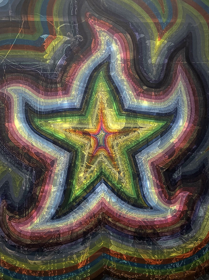 Ben Quinn ”Wild Chandelier” Watercolor and UV Varnish on PVA over Inkjet Print Fixed to Canvas over Panel 48 x 36 inches 2022