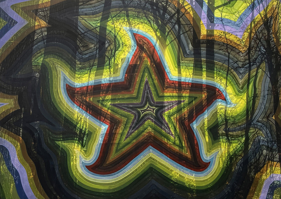 Ben Quinn ”Witch’s Tower” Watercolor and UV Varnish on PVA over Inkjet Print Fixed to Canvas over Panel 60 x 84 inches 2022