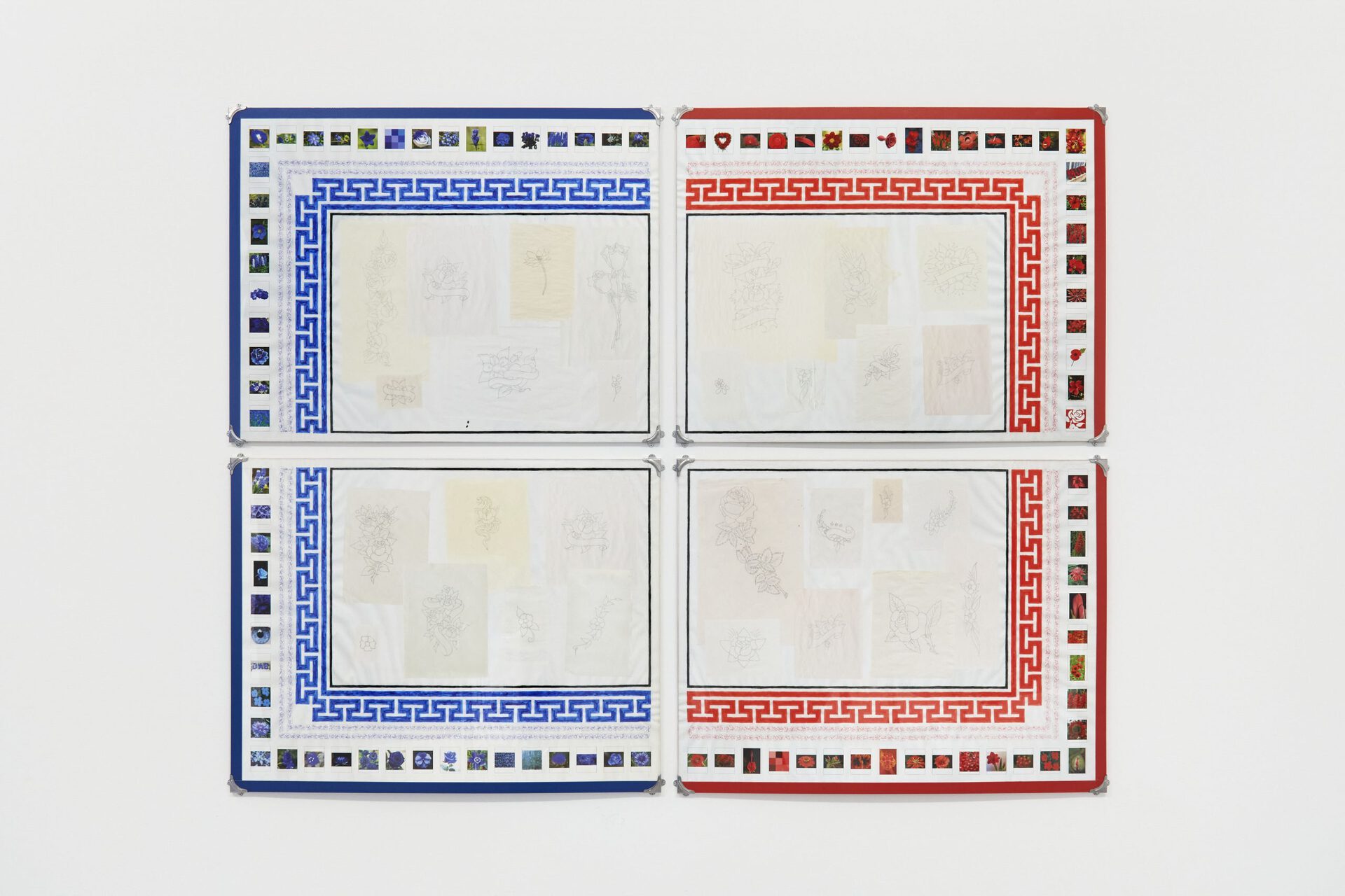 Max Petts, Flowers I + II (Blue) and III + IV (Red), 2022, plywood, plastic, newsprint, duct tape, sellotape, masking tape, craft paint, pen, pencil, crayon, digital pigment print on 300gsm Somerset photo satin, mirror corner clips, sticker, 75.1 x 58.4 x 0.9cm each