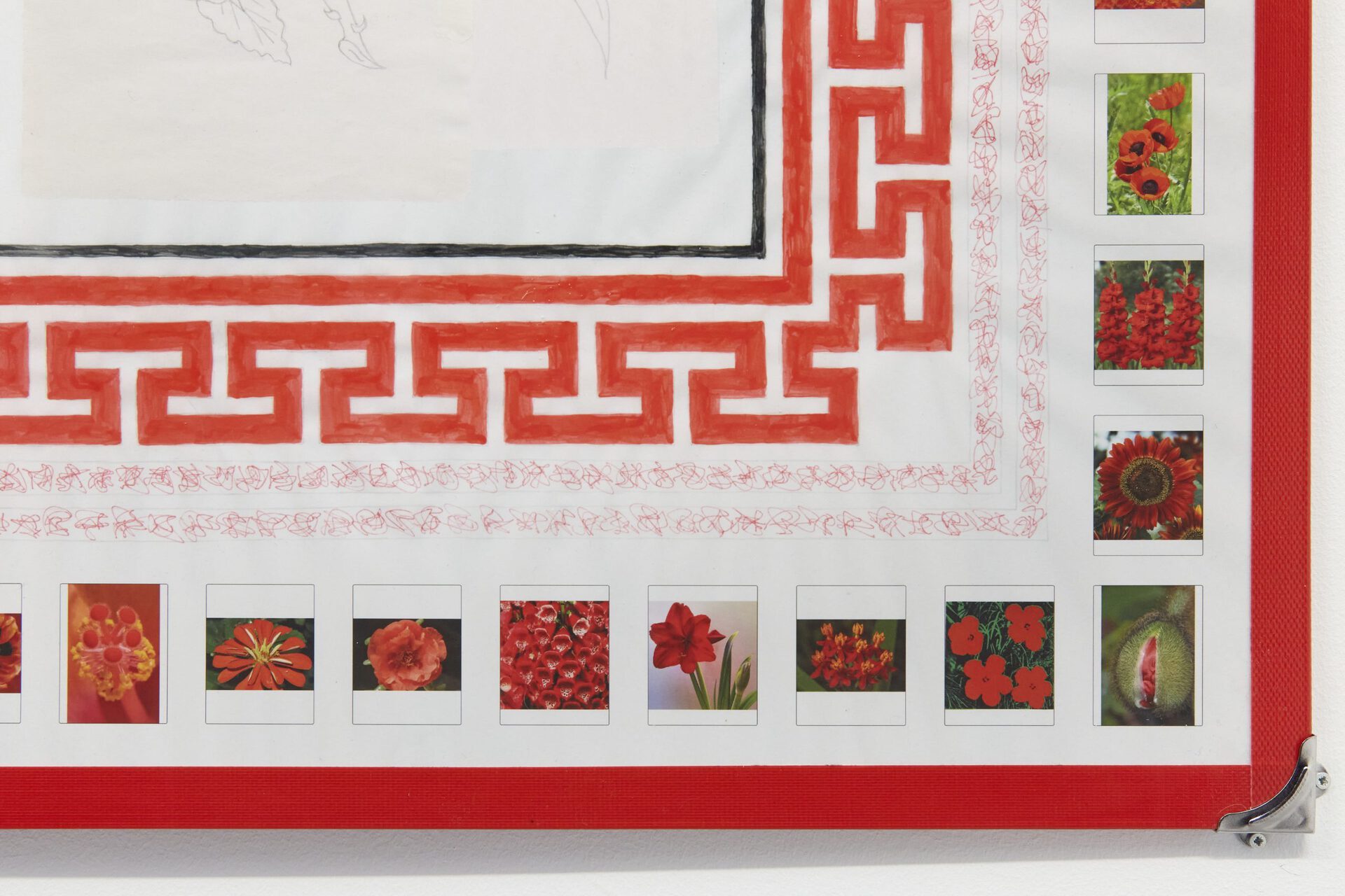 Max Petts, Detail of Flowers IV (Red) , 2022, plywood, plastic, newsprint, duct tape, sellotape, masking tape, craft paint, pen, pencil, crayon, digital pigment print on 300gsm Somerset photo satin, mirror corner clips, sticker, 75.1 x 58.4 x 0.9cm