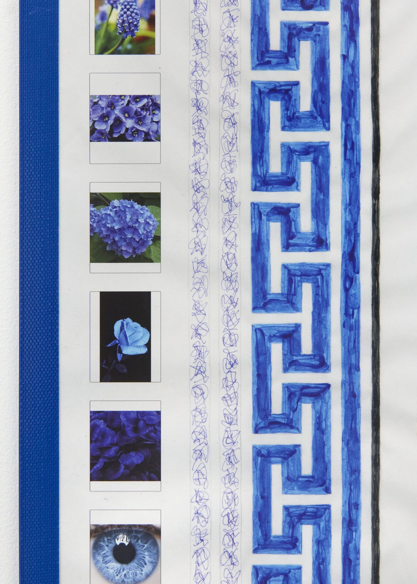 Max Petts, Detail of Flowers II (Blue) , 2022, plywood, plastic, newsprint, duct tape, sellotape, masking tape, craft paint, pen, pencil, crayon, digital pigment print on 300gsm Somerset photo satin, mirror corner clips, sticker, 75.1 x 58.4 x 0.9cm
