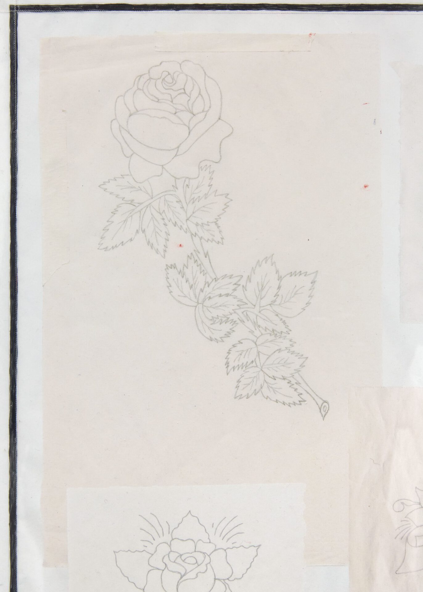 Max Petts, Detail of Flowers IV (Red) , 2022, plywood, plastic, newsprint, duct tape, sellotape, masking tape, craft paint, pen, pencil, crayon, digital pigment print on 300gsm Somerset photo satin, mirror corner clips, sticker, 75.1 x 58.4 x 0.9cm