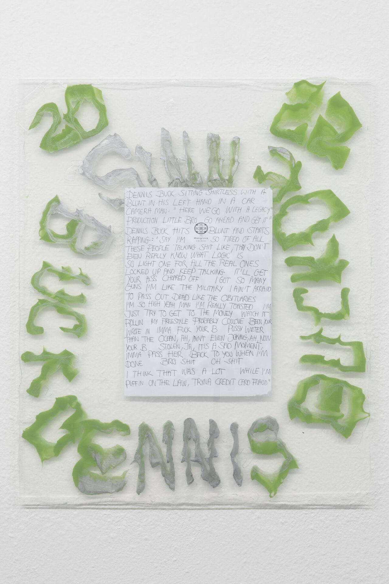 Dennis Buck, the transcript (portrait), 2022, Pencil on paper in silicone plexiglass artist frame, 60cm x 50cm