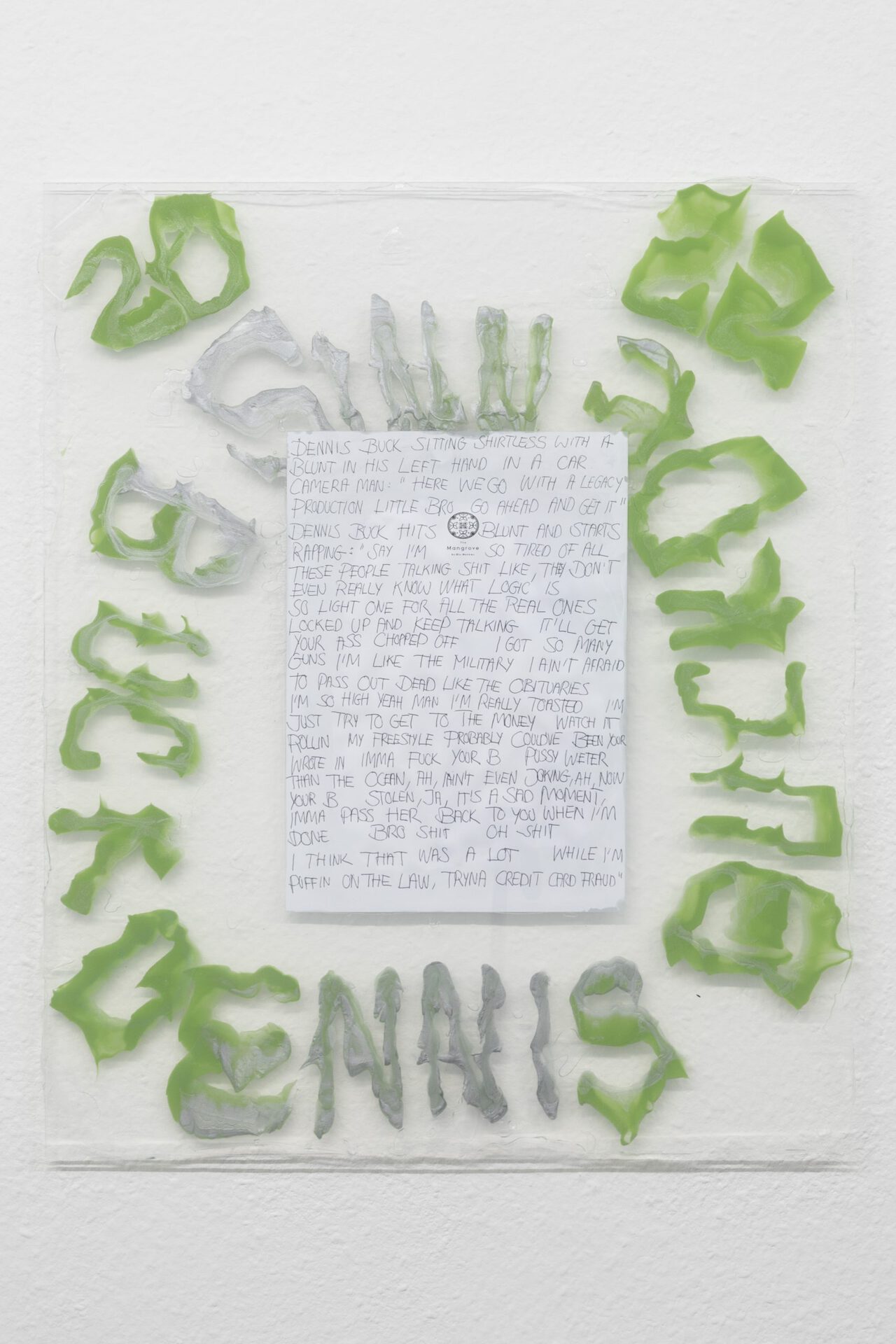 Dennis Buck, the transcript (portrait), 2022, Pencil on paper in silicone plexiglass artist frame, 60cm x 50cm
