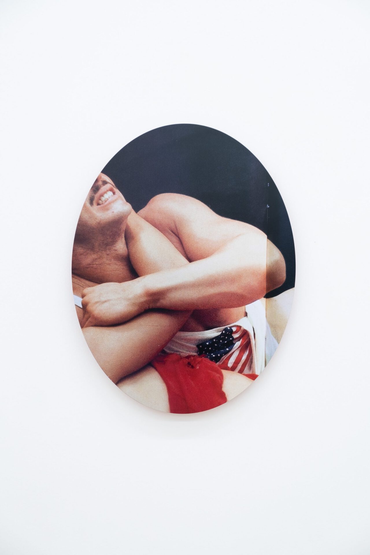 Pacifico Silano, Untitled (Wrestlers), 2022 Dye sublimation print on oval museum box 17 x 22 x 1 inches / 28 x 55.9 cm