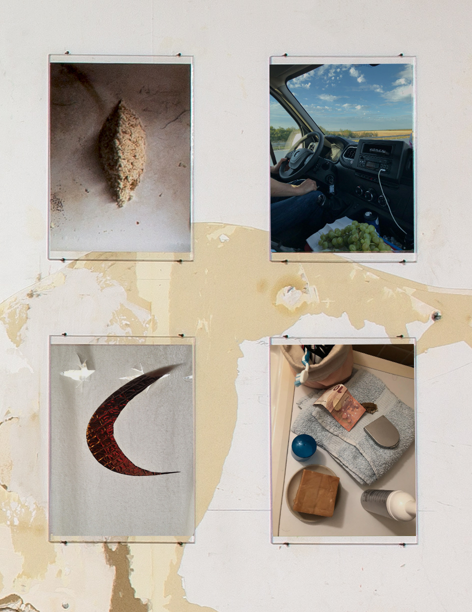 Exhibition view, Daniela Baldelli, Interview with "Ogive" (2020), "Uva - Reise - Septembre" (2020), "Resti negli occhli" (2017) and "Dinerillo" (2020)