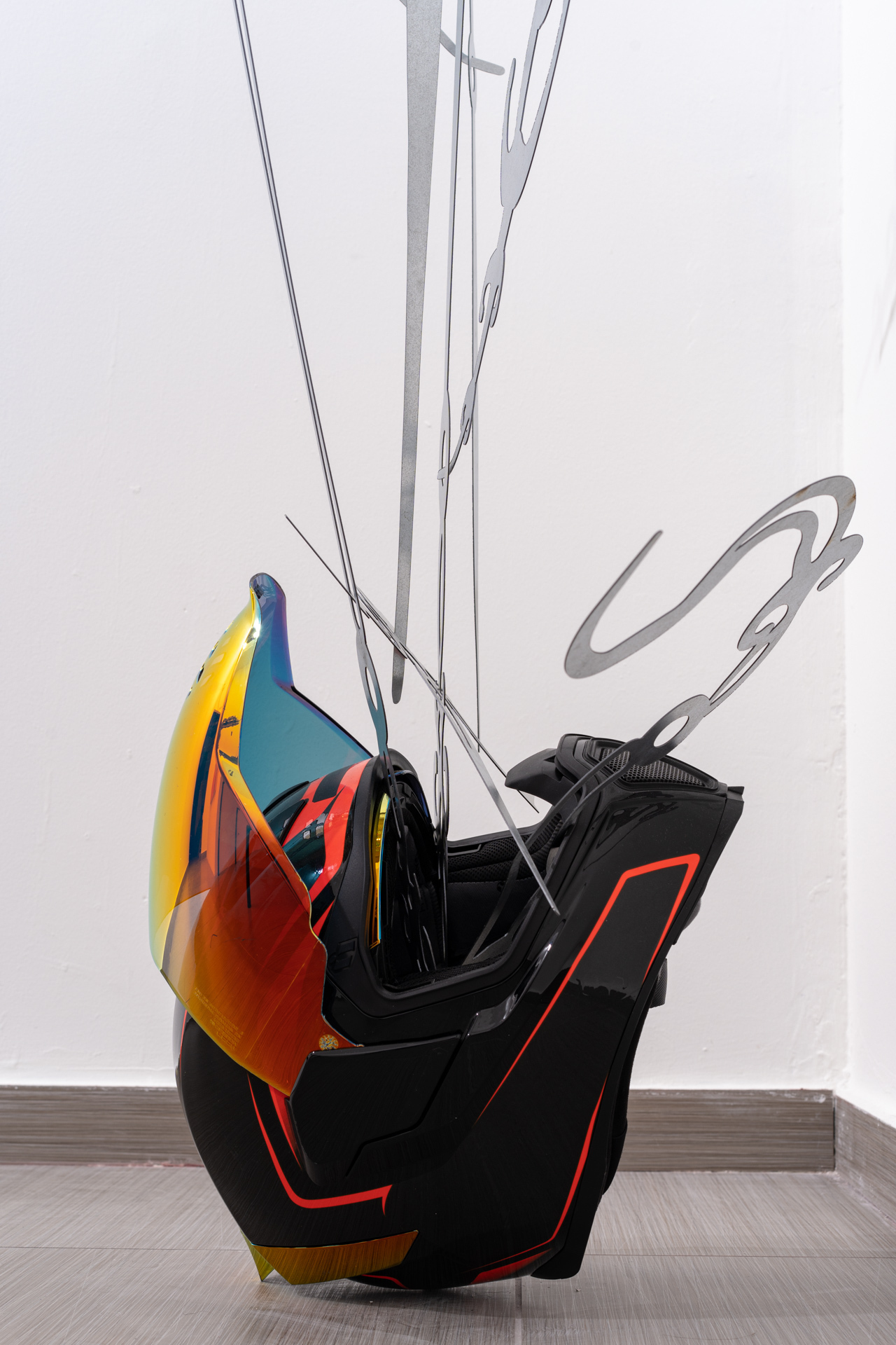 Daniel Oksenberg, Intergalactic Warrior (detail), 2022, aluminum and a motorcycle helmet, variable dimensions
