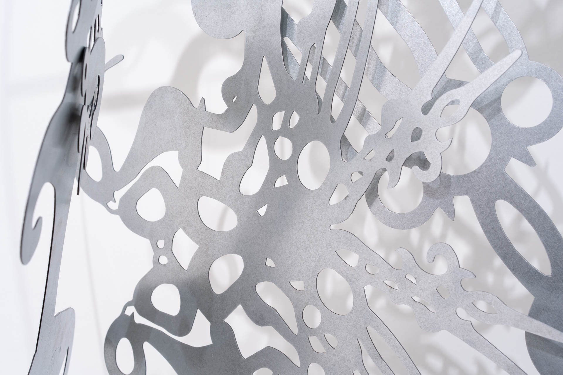 Daniel Oksenberg, Intergalactic Warrior (detail), 2022, aluminum and a motorcycle helmet, variable dimensions