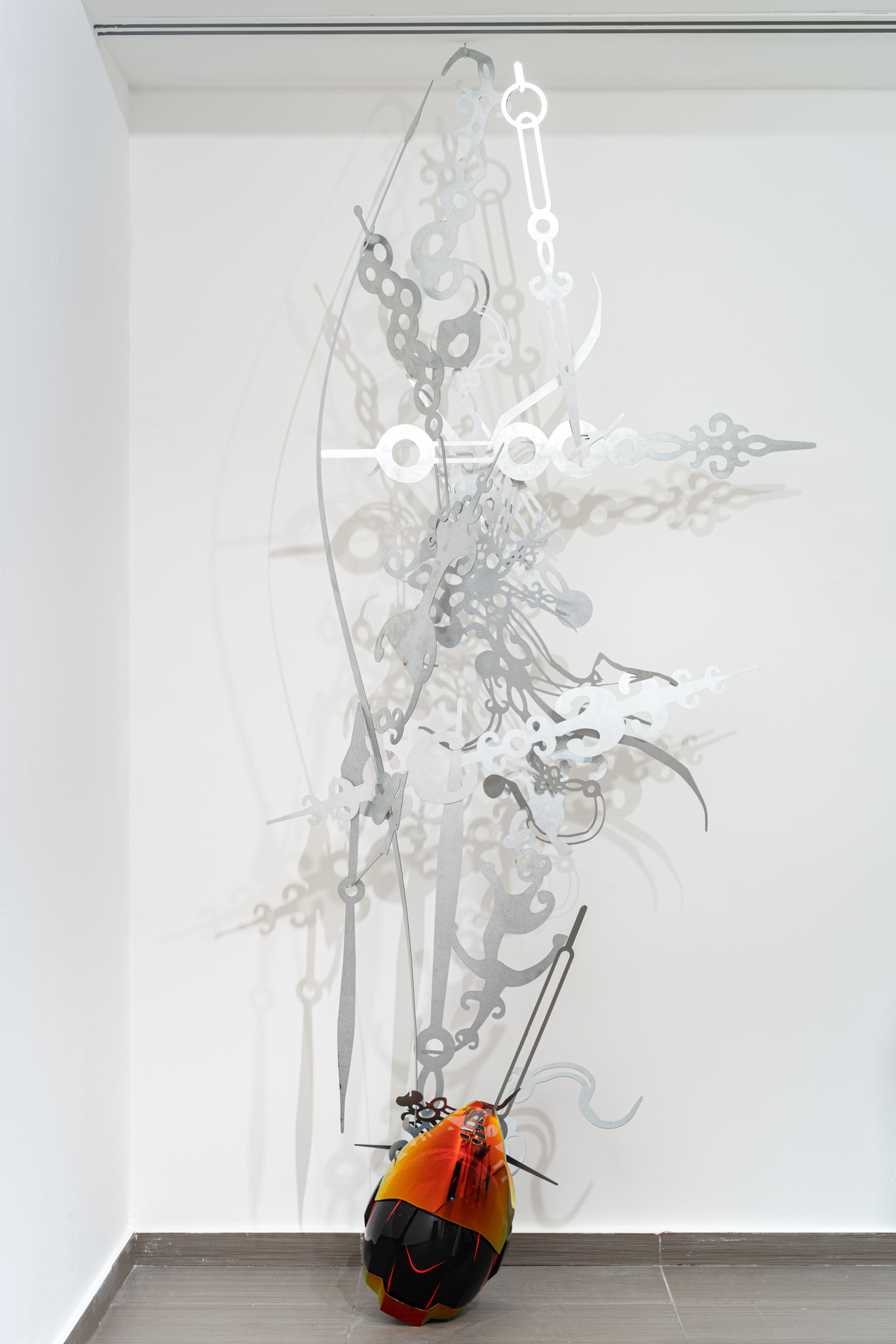 Daniel Oksenberg, Intergalactic Warrior, 2022, aluminum and a motorcycle helmet, variable dimensions