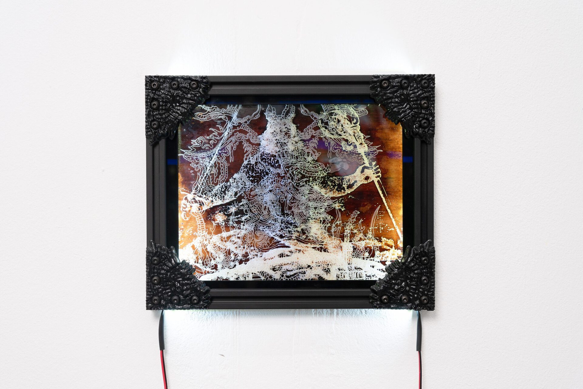 Andrew Rutherdale, The Leviathan’s Corpse, 2021, Laser-engraved SCOBY on acrylic panel, ABS, epoxy resin, aluminum framing, LEDs