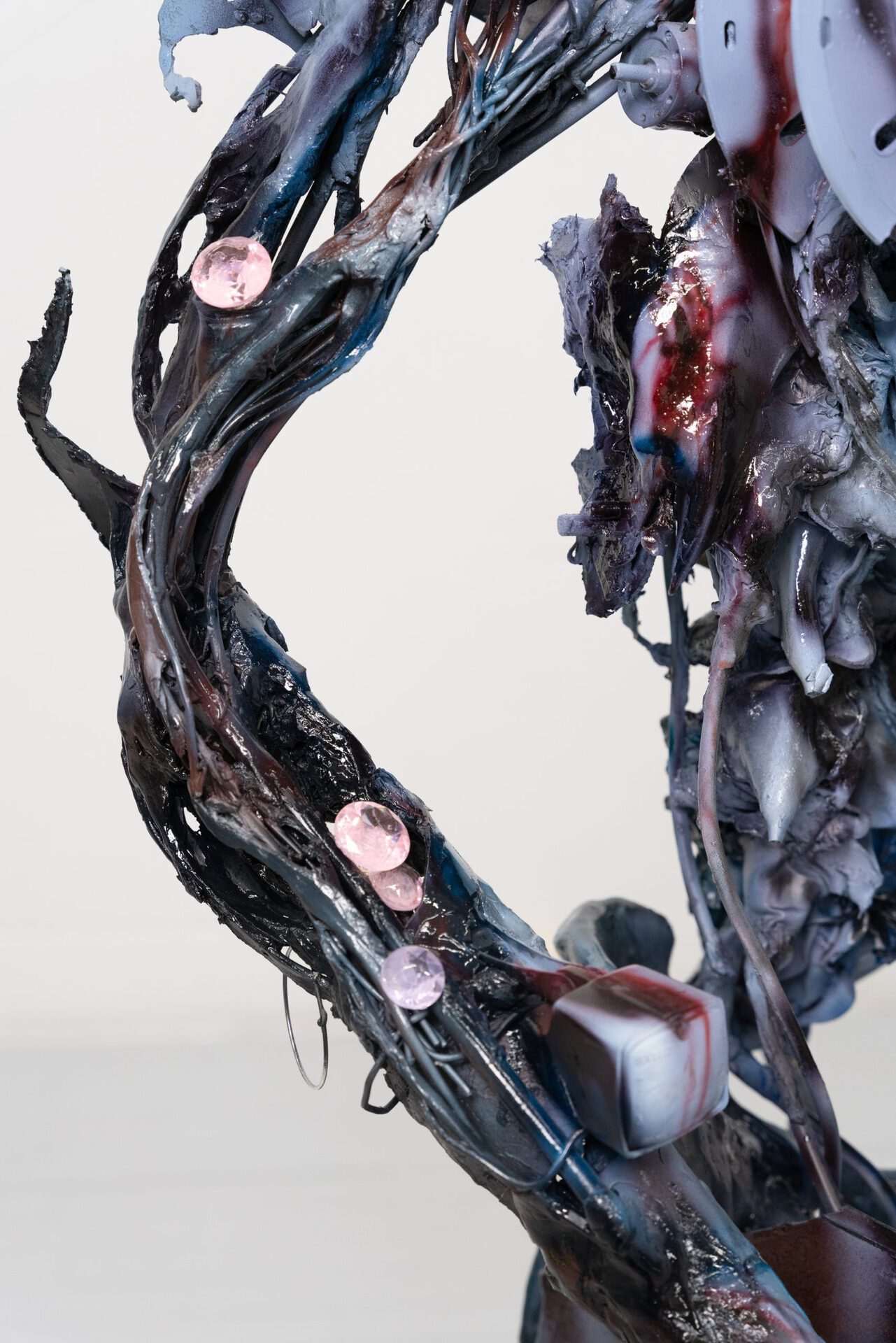 Yein Lee, Savior syndrome or good girl complex, starring perpetual past, 2022, electrical wire, epoxy putty, steel, plaster of paris, motorbi- ke parts, paint, plastic waste (detail)