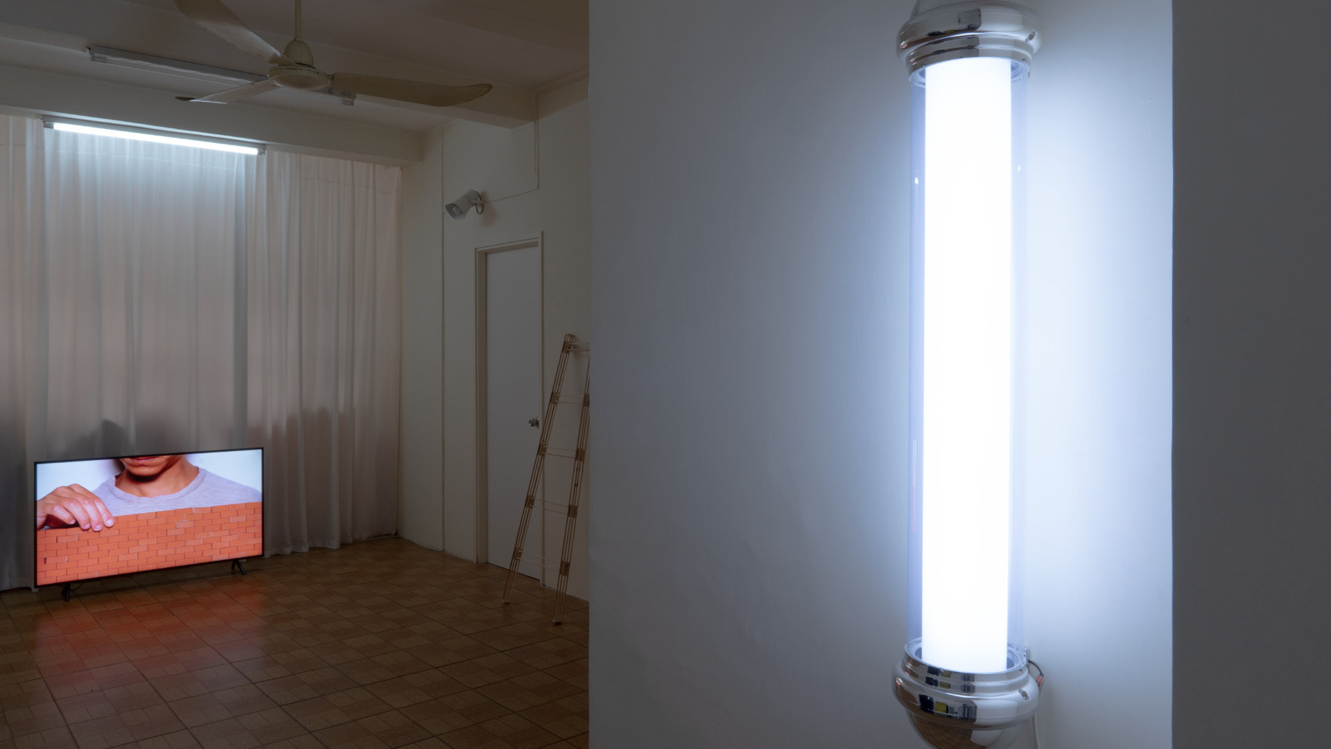 Kong Chun Hei, Turning, 2022, Barber pole, white acrylic tube, 127 x 23 x 30 cm