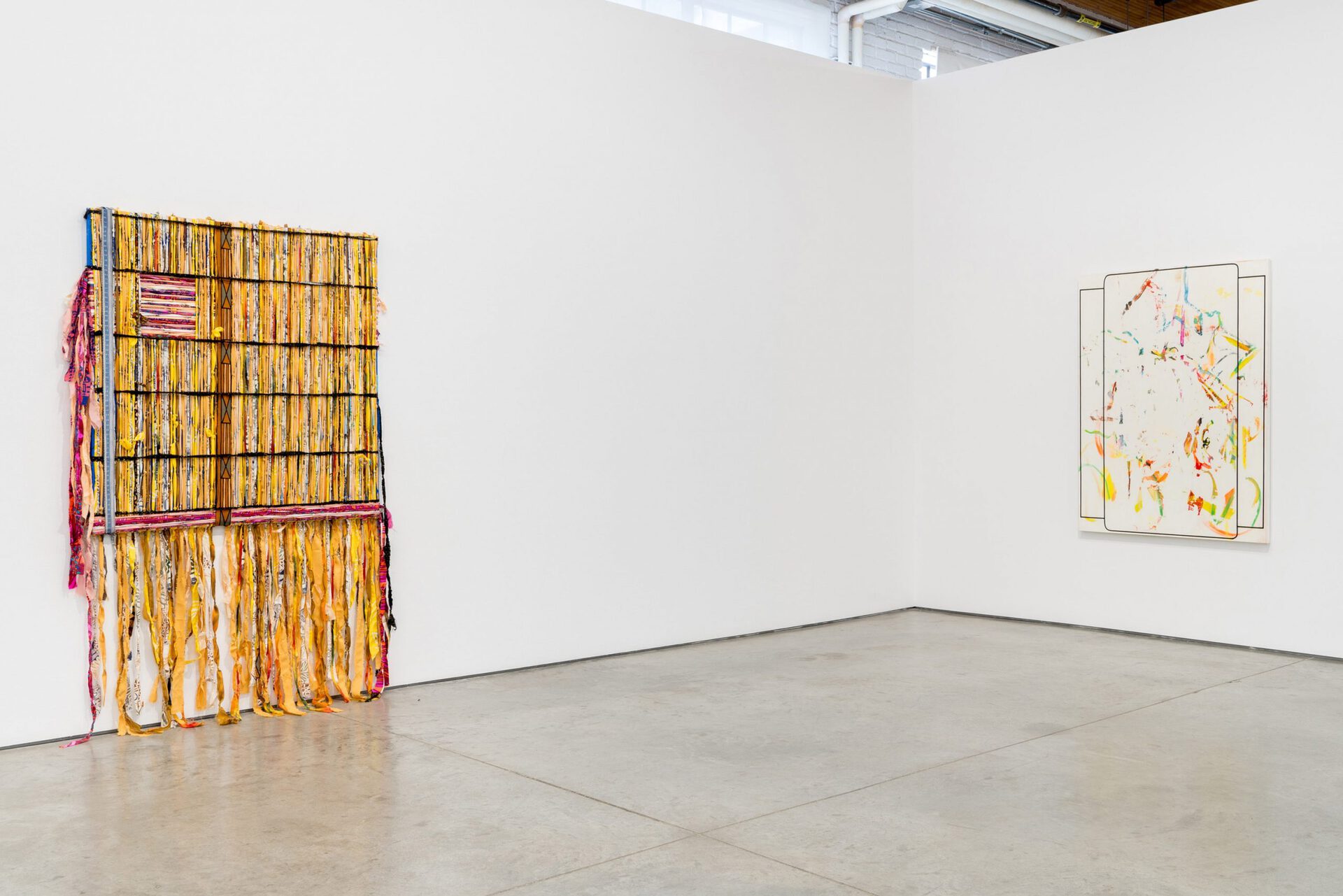 Cyle Warner, Ignorance is Bliss; Silenced Sea, 2021, Fabric, paper, acrylic on canvas, 203.2 x 132.1 cm. (80 x 52 in.); Ana Villagómez, Brotherly Resemblance, 2021,Acrylic and Flashe on canvas, 142.2 x 104.1 cm. (56 x 41 in.)