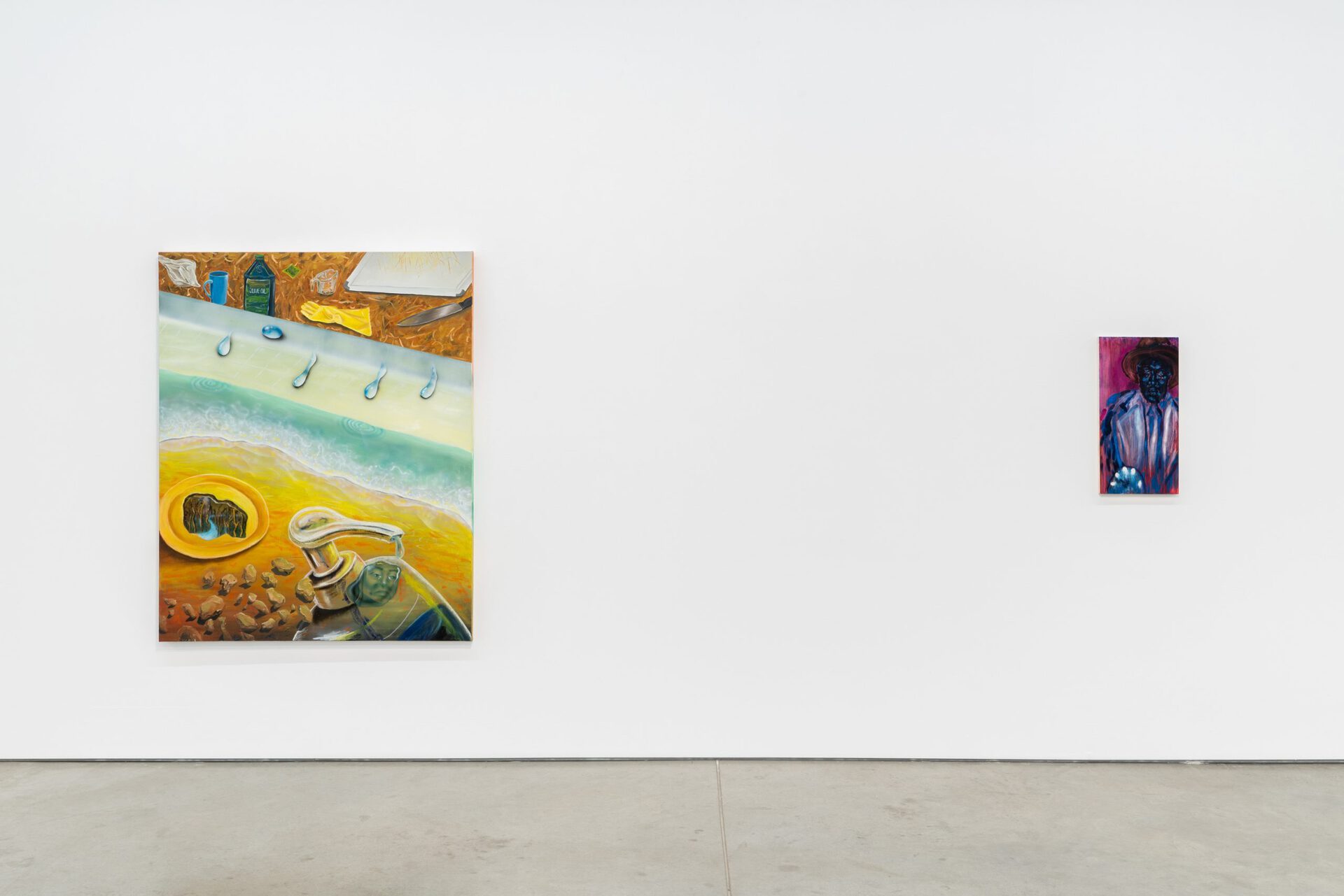 Preston Pavlis, exquisite intelligence, 2021, Oil on board, 61 x 30.5 cm. (24 x 12 in.); Larissa De Jesús Negrón, Mar Domestico, 2022, Oil and acrylic paint, and oil pastels on canvas, 152.4 x 121.9 cm. (60 x 48 in.).