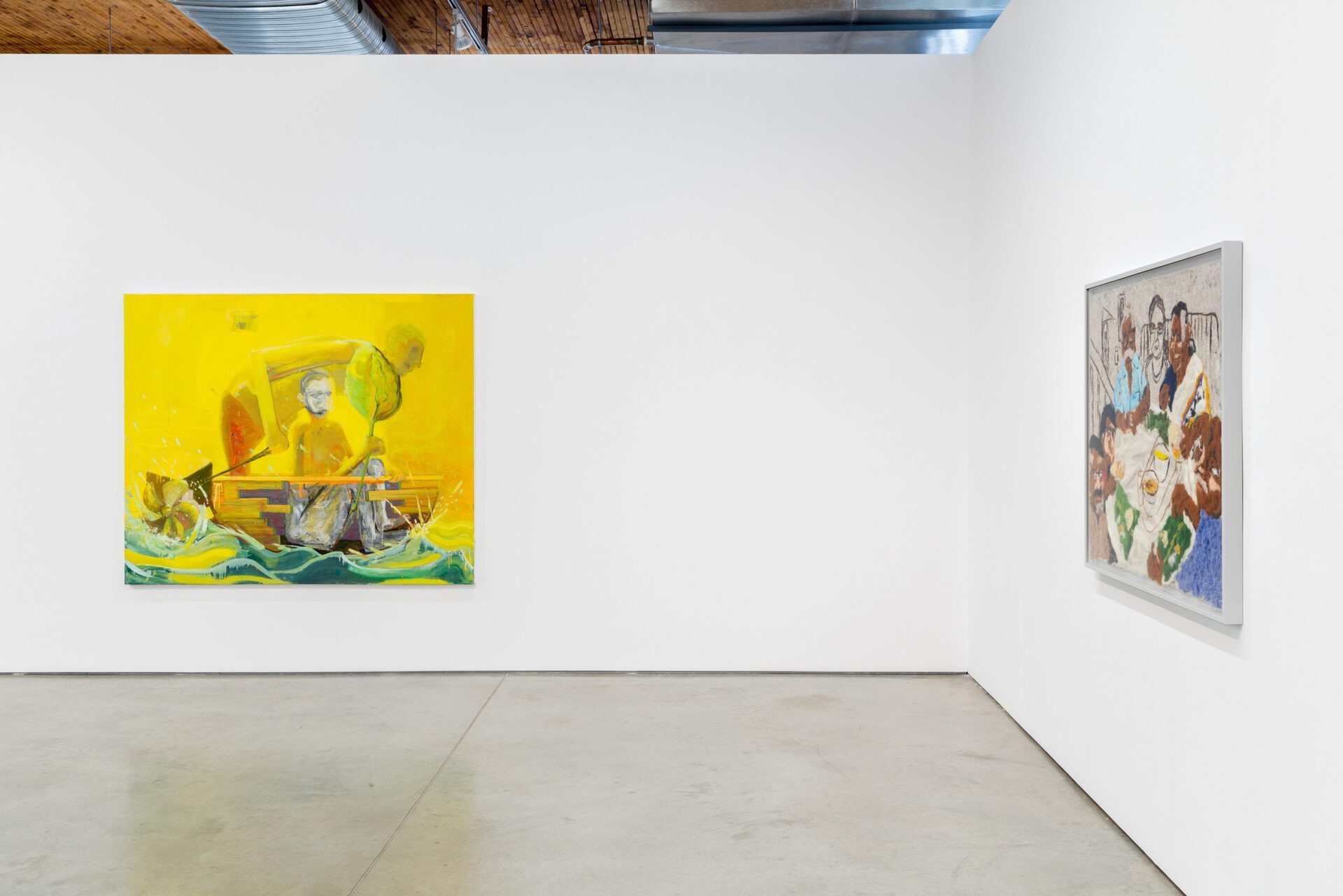 Dante Cannatella, Deluge II, 2021, Oil and tempera on canvas, 152.4 x 182.9 cm. (60 x 72 in.); Melissa Joseph, Onam, 202, Needle felted wool on industrial felt, 91.4 x 121.9 cm. (36 x 48 in.)