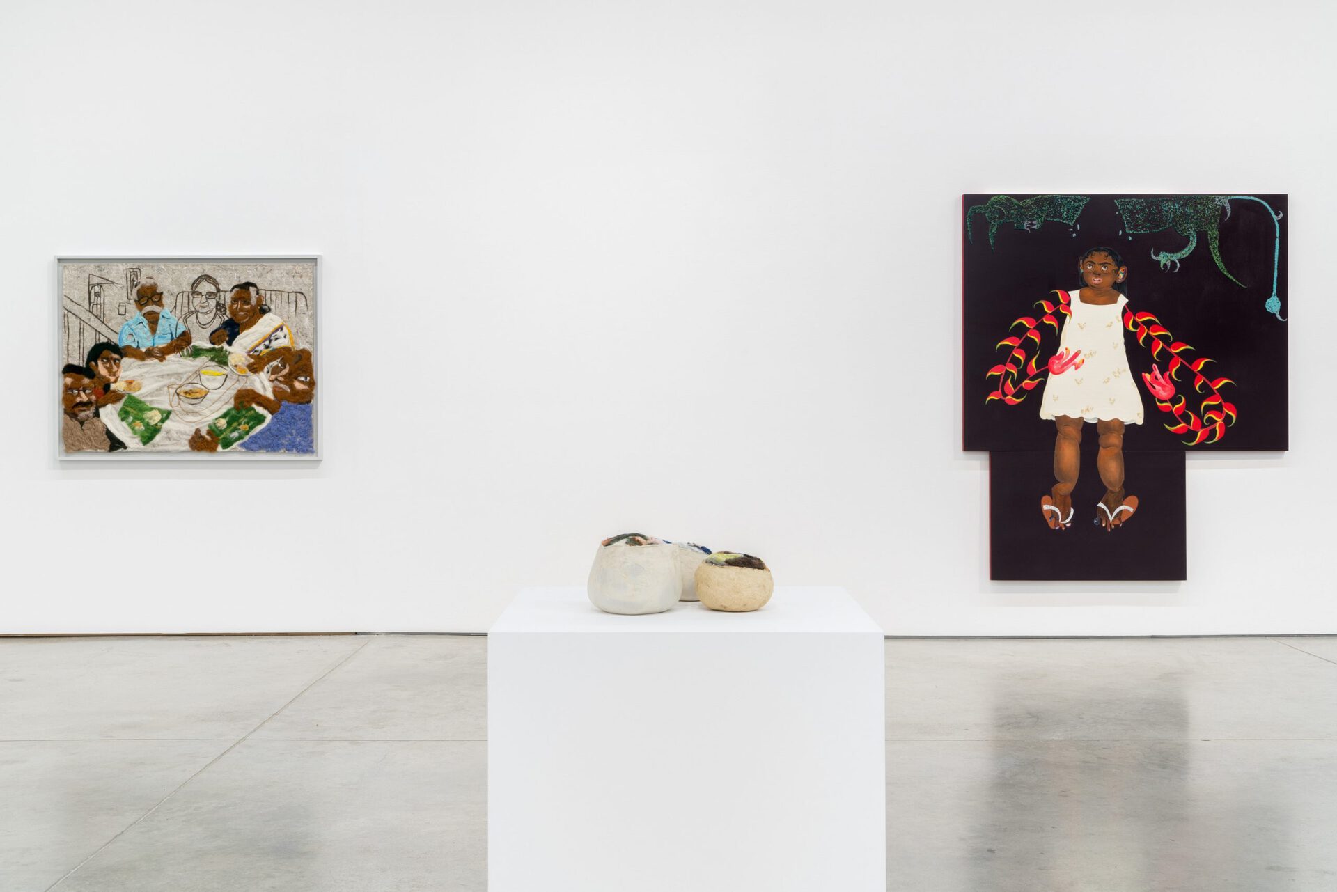 Melissa Joseph, Onam, 2022, Needle felted wool on industrial felt, 91.4 x 121.9 cm. (36 x 48 in.); Melissa Joseph, Repetition 3: Pittsburgh, 2022, Laminate cast abaca and flax, sand, needle felted wool on industrial and wet felt, 20.3 x 30.5 x 30.5 cm. (8 x 12 x 12 in.); Bony Ramirez, un poème à la liberté, 2022, Acrylic, soft oil pastels, colour pencil, wallpaper, glass beads, Bristol paper on wood panel, 182.9 x 152.4 cm. (72 x 60 in.)