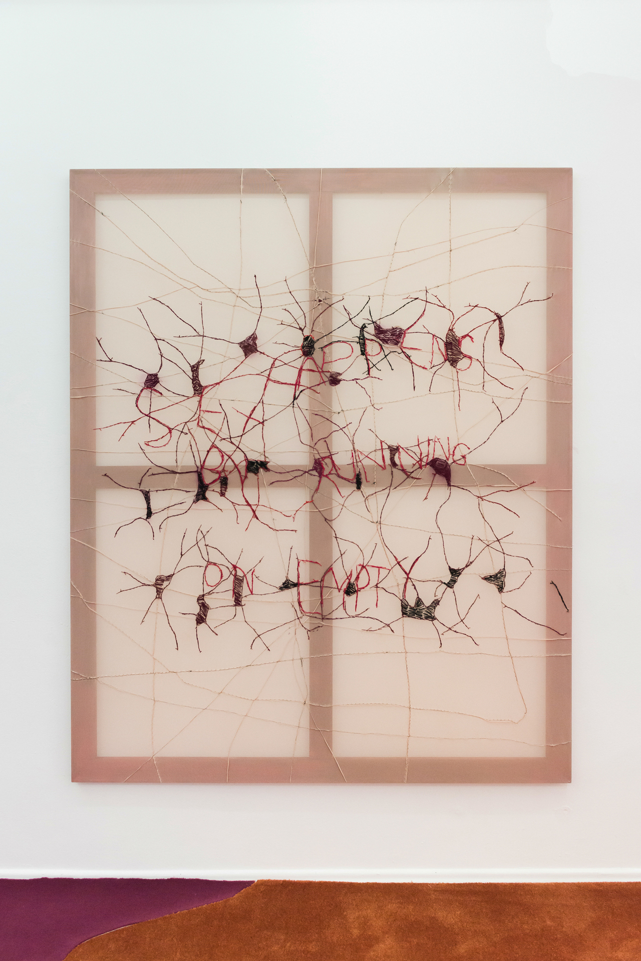 Leda Bourgogne & Marcus Steinweg, Running On Empty, 2020, Embroidery thread on net, 195 x 155 x 2,7 cm