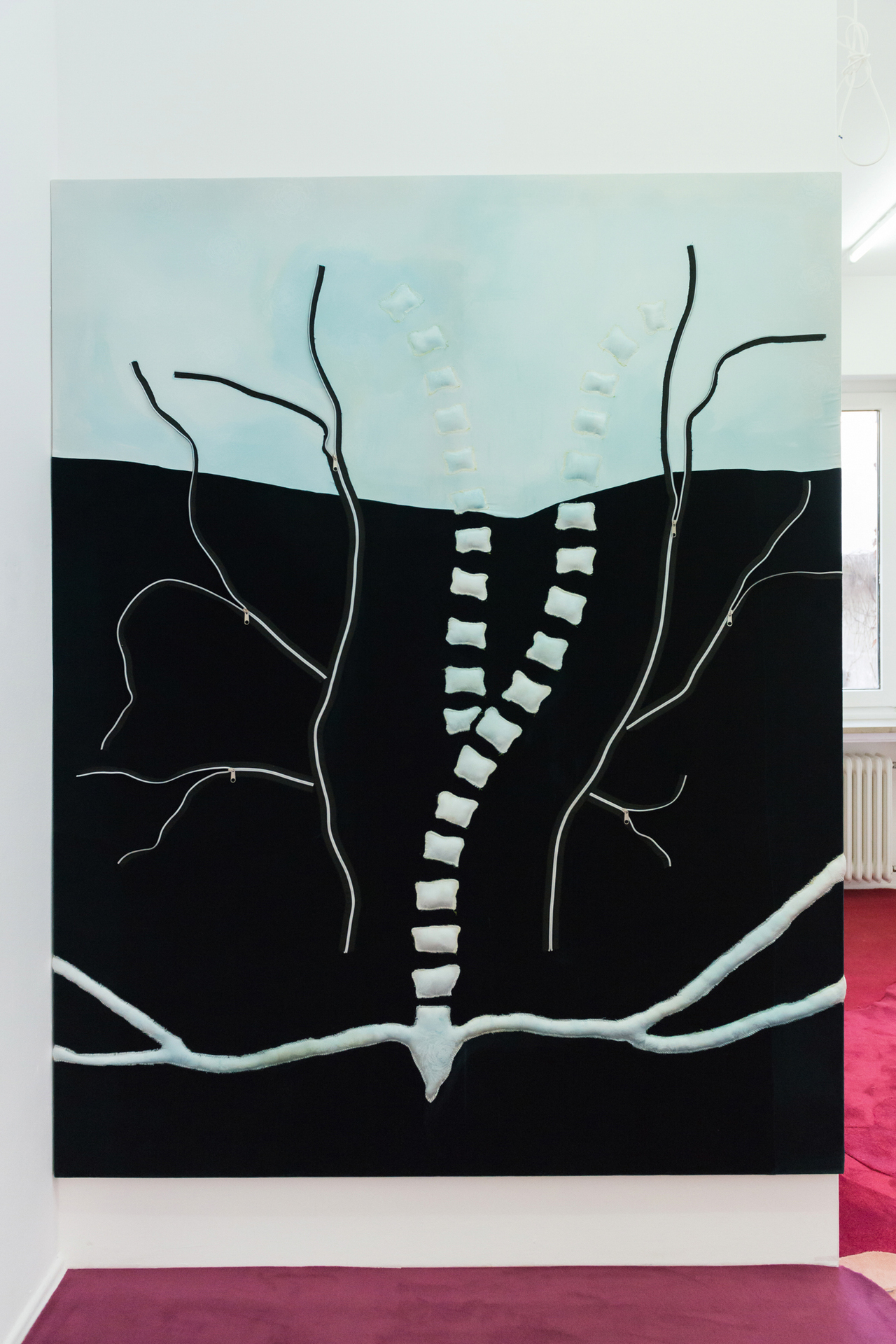 Leda Bourgogne, Butterfly Effect, 2022, Water thinned acrylic paint, soft gel gloss, bleach, velvet, lining fabric, zipper, thread, varnish, 210 x 160 x 2,7 cm