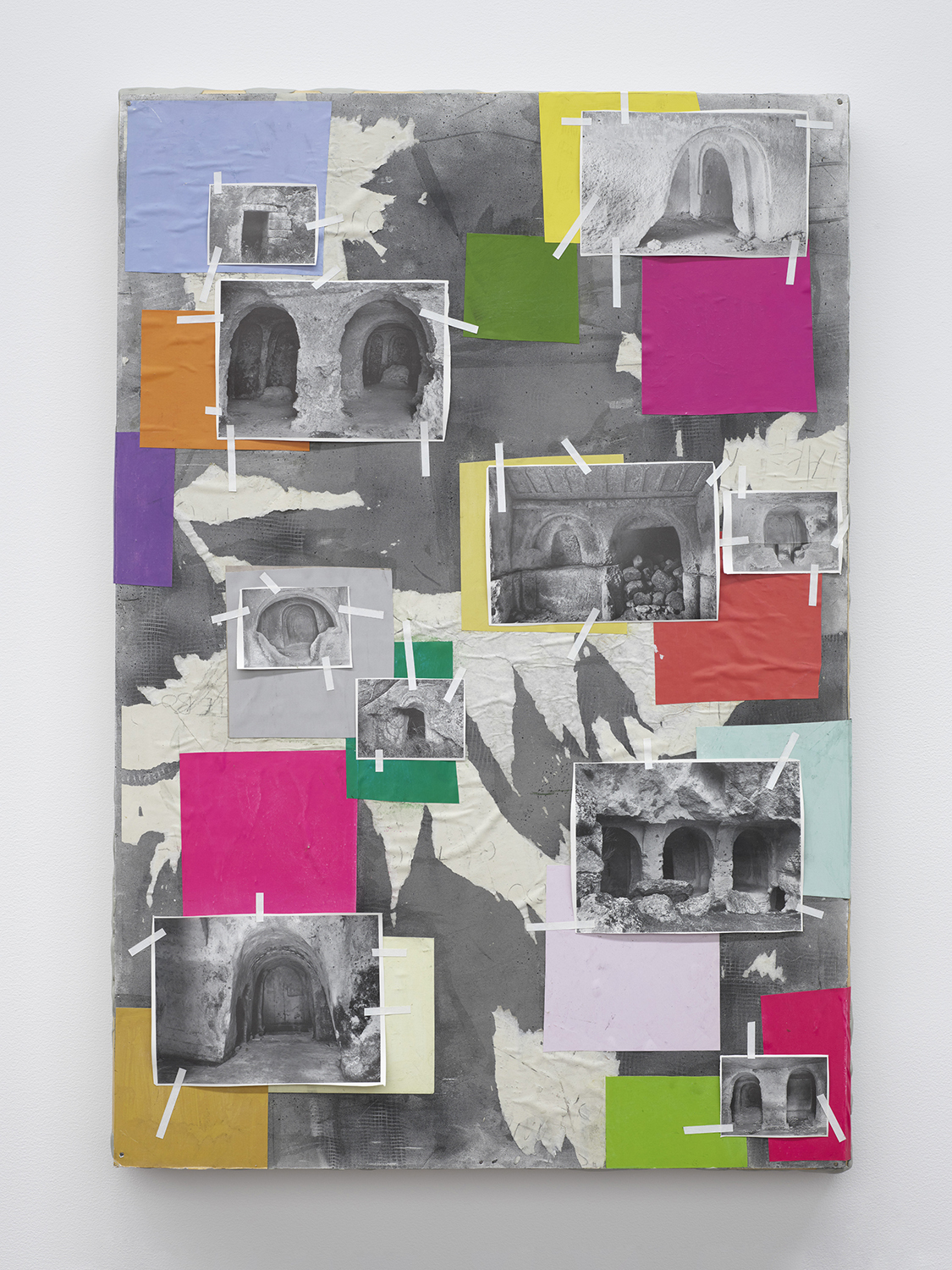 Zack Rafuls, Cave Painting 2016-2022 Collage, artists’ tape, acrylic, powdered graphite, newsprint, PVC panel, epoxy clay, & wood 34 x 24 x 2 inches