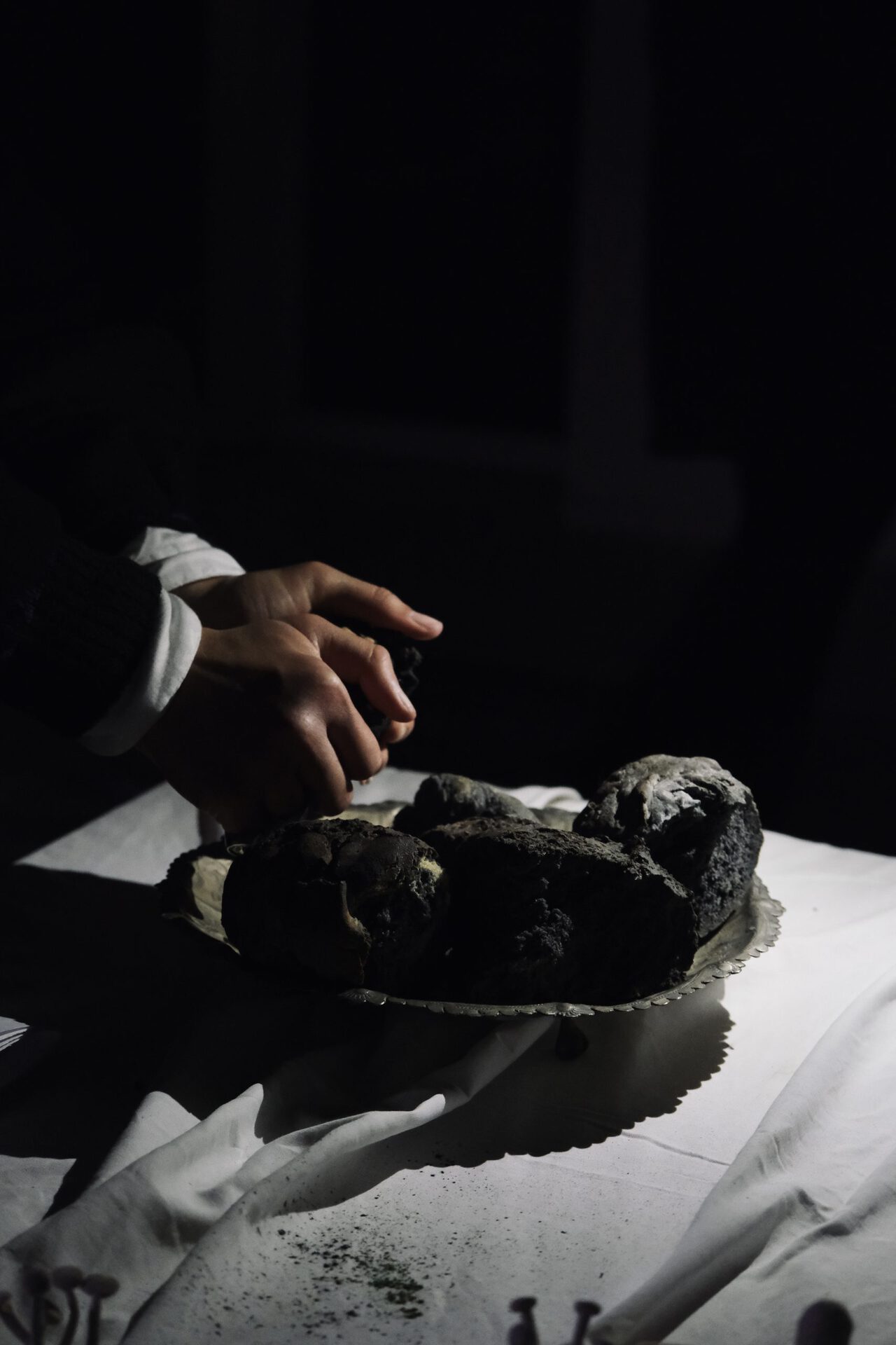 Sofia Bordin, Mangiò vivo la morte: eccola viva per divorarlo a lui s'accosta, 2022, seals made with burned bread, various sizes.