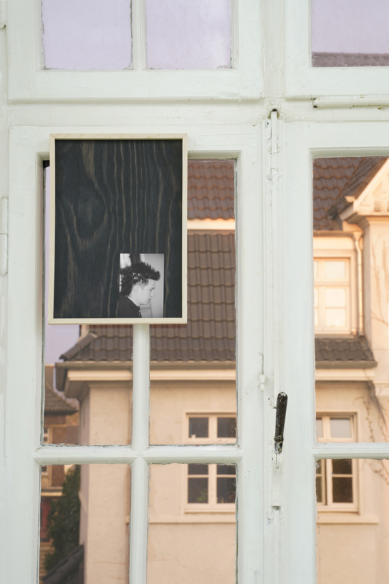Mika Schwarz, NINI, 2022, analogue b/w print (photograph ca. 2004), stained wood panel,25,5 x 35,5 cm