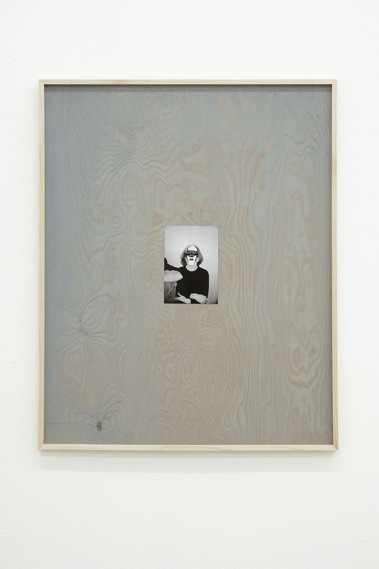 Mika Schwarz, I Am Decided, 2022, analogue b/w print (photograph ca. 2002), stained wood panel, 56 x 70 cm