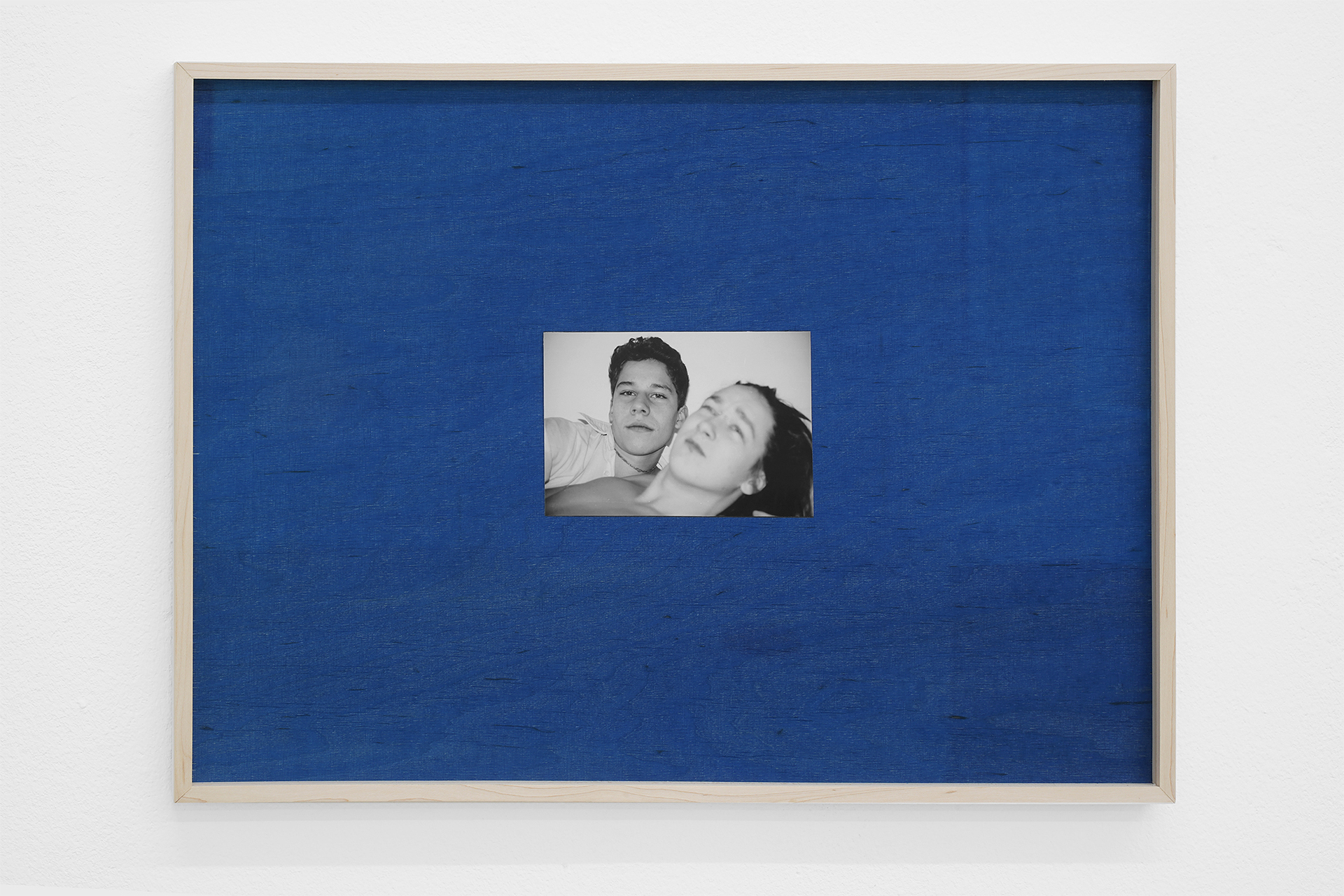 Mika Schwarz, MANNY, 2022, analogue b/w print (photograph ca. 2004), stained wood panel, 40 x 56 cm