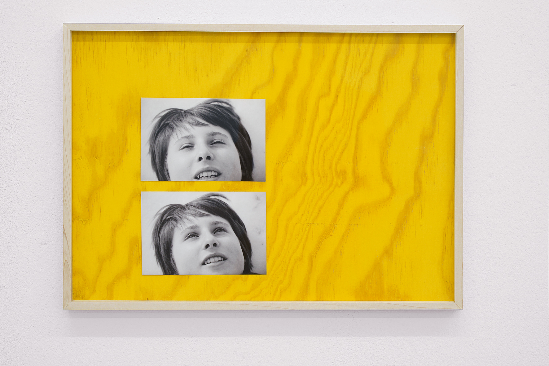 Mika Schwarz, Gesellschaft, company, 2022, analogue b/w prints (photographs ca. 2003), stained wood panel, 34,5 x 48 cm